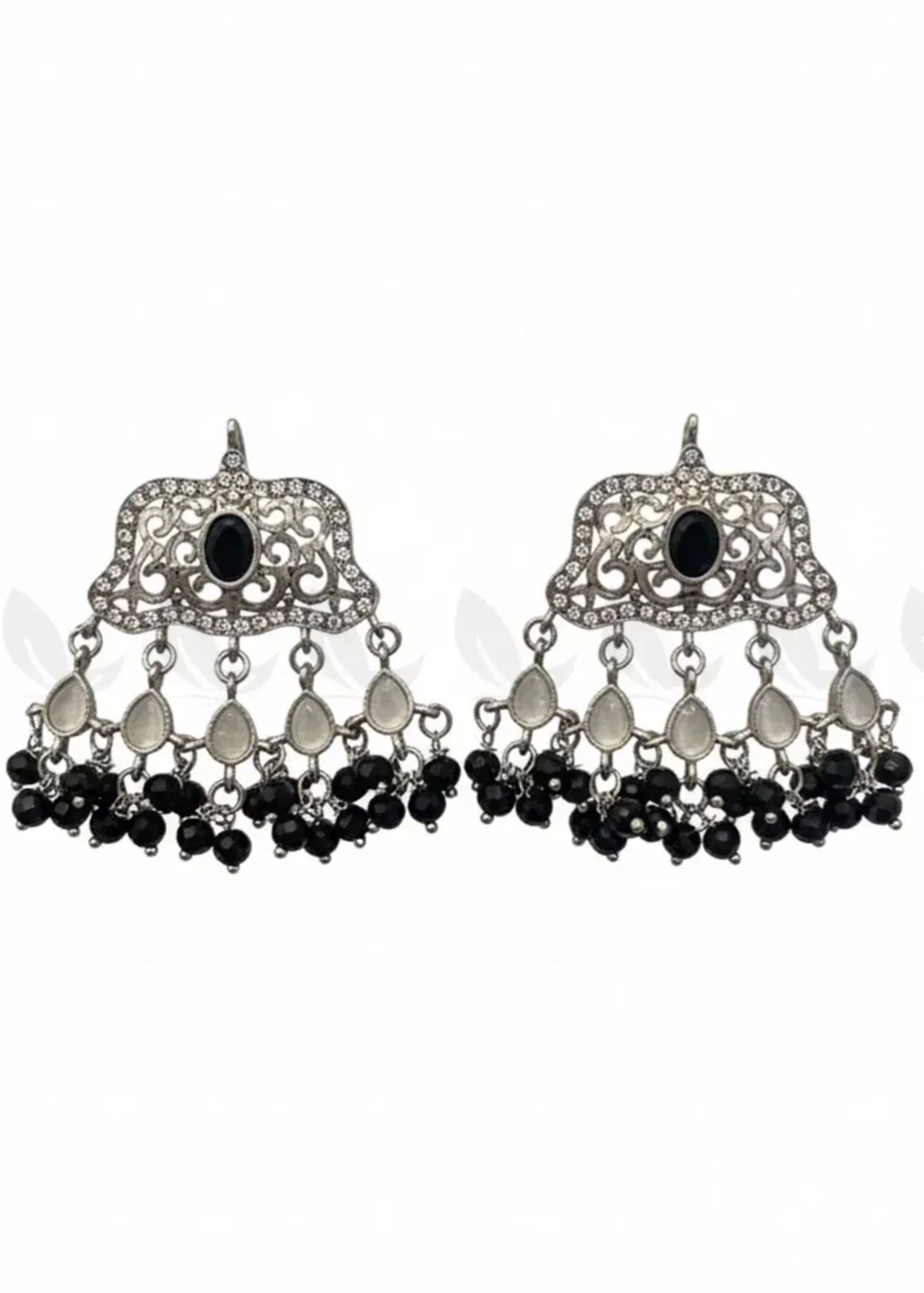 Elegant Tassel Moti Work Earrings-Silver Black