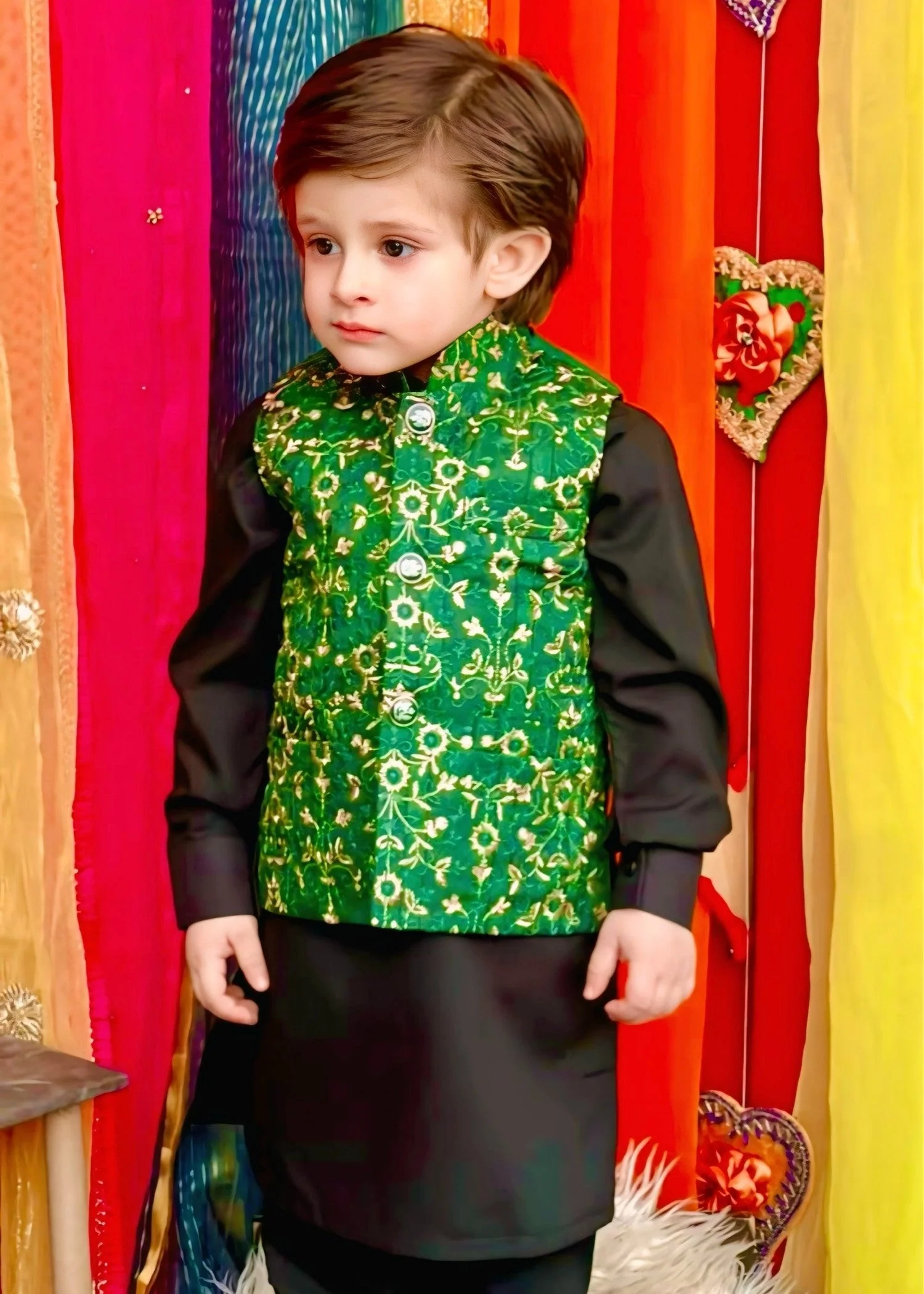 Leaf Green Embroidered Waistcoat Suit - V25