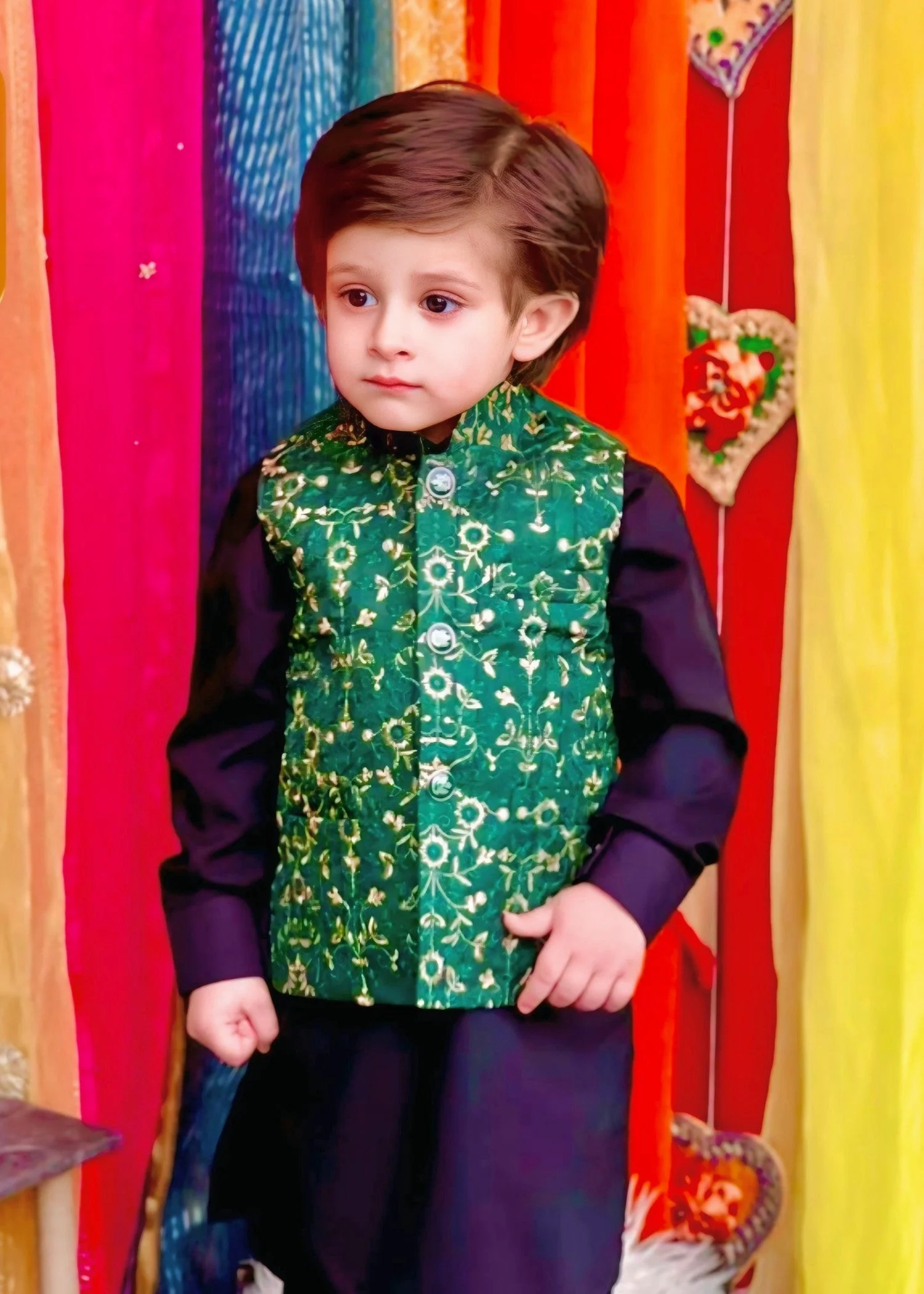 Leaf Green Embroidered Waistcoat Suit - V25