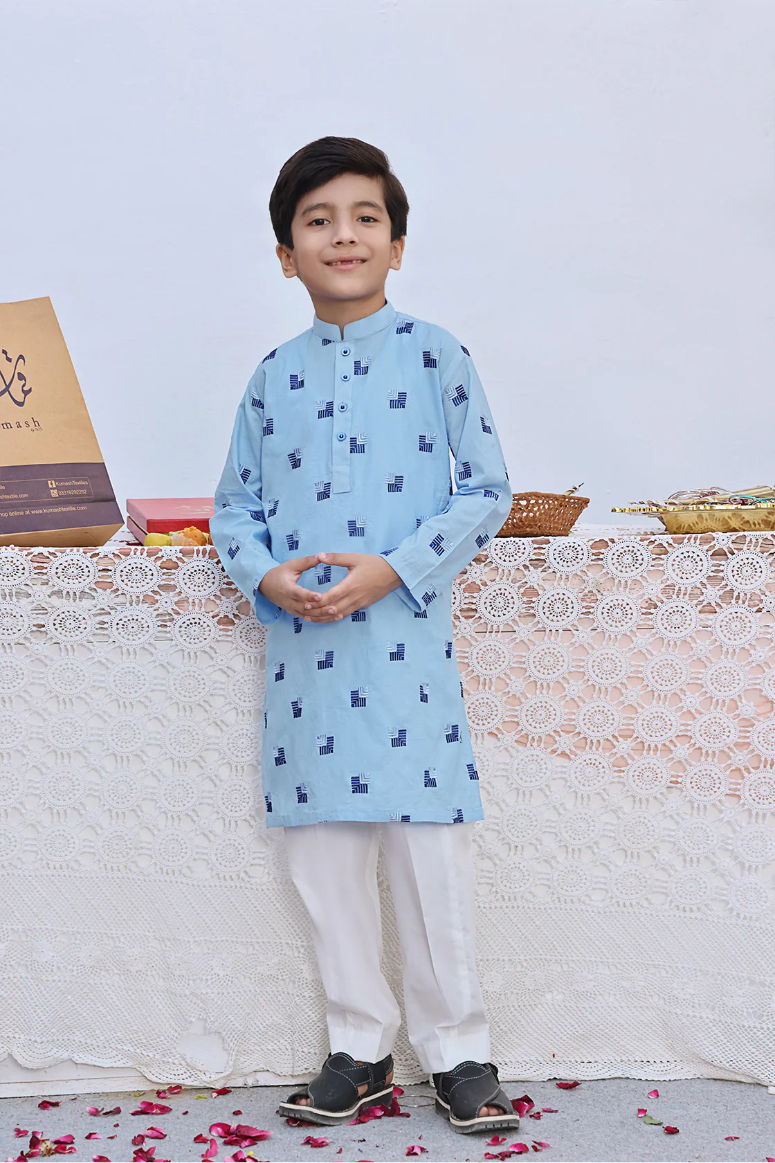 Sky blue emb boys kurta