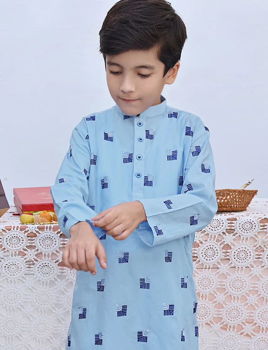 Sky blue emb boys kurta