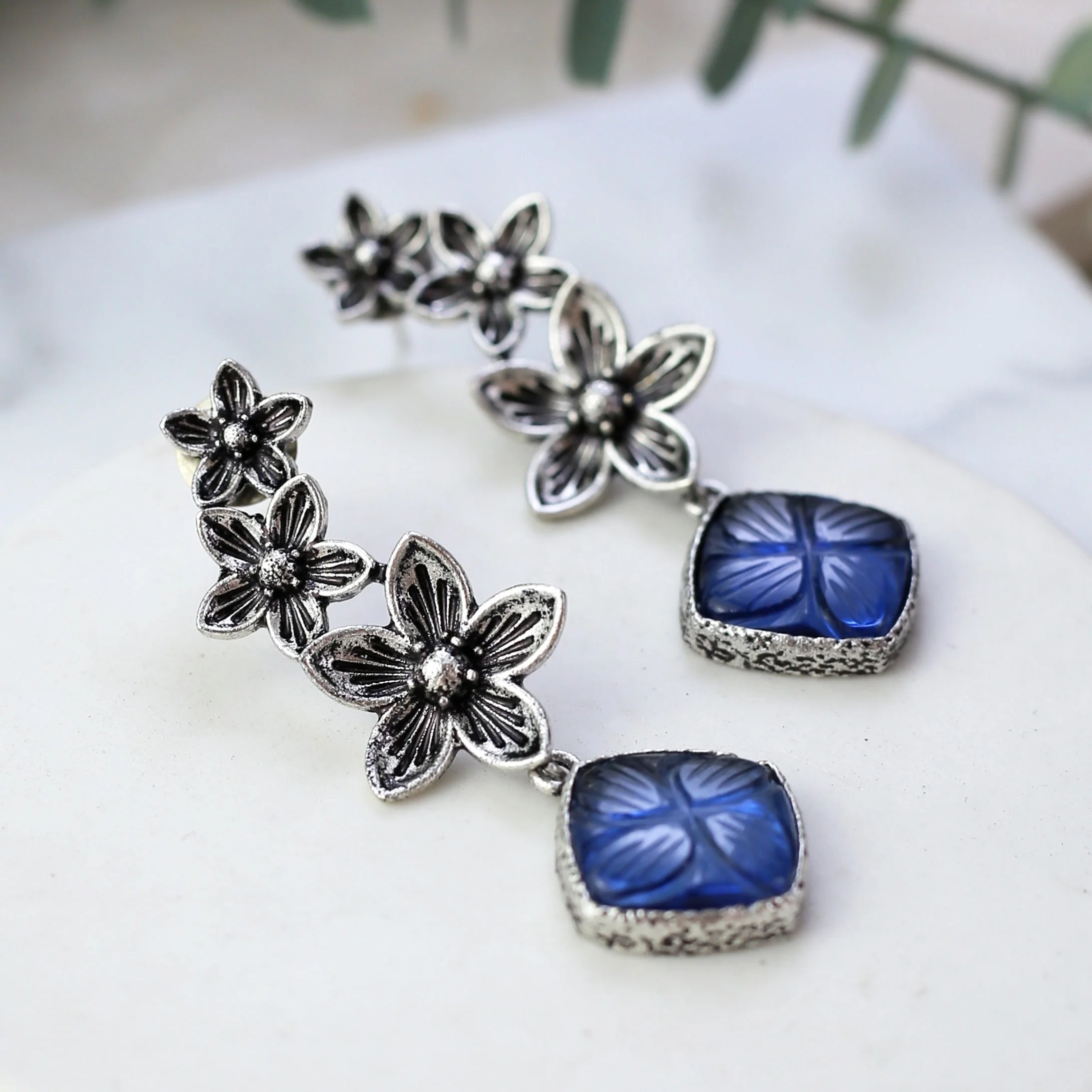 Blue Tribal Flower Drop Earring