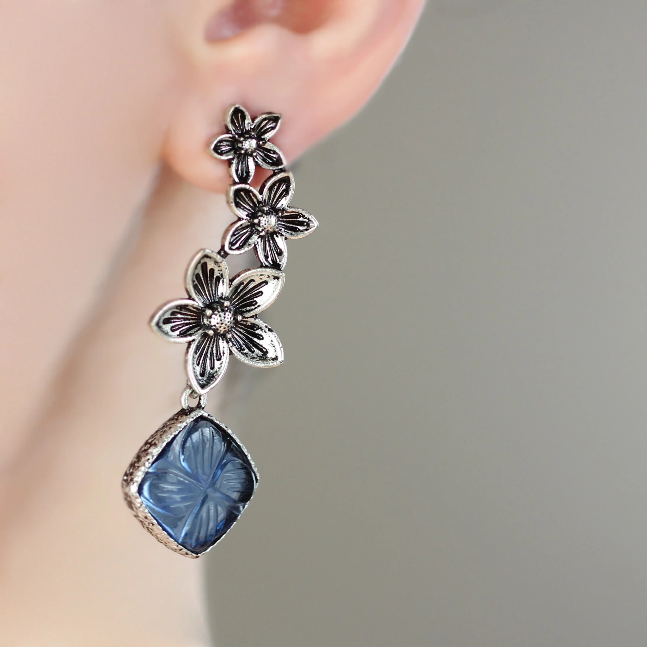 Blue Tribal Flower Drop Earring