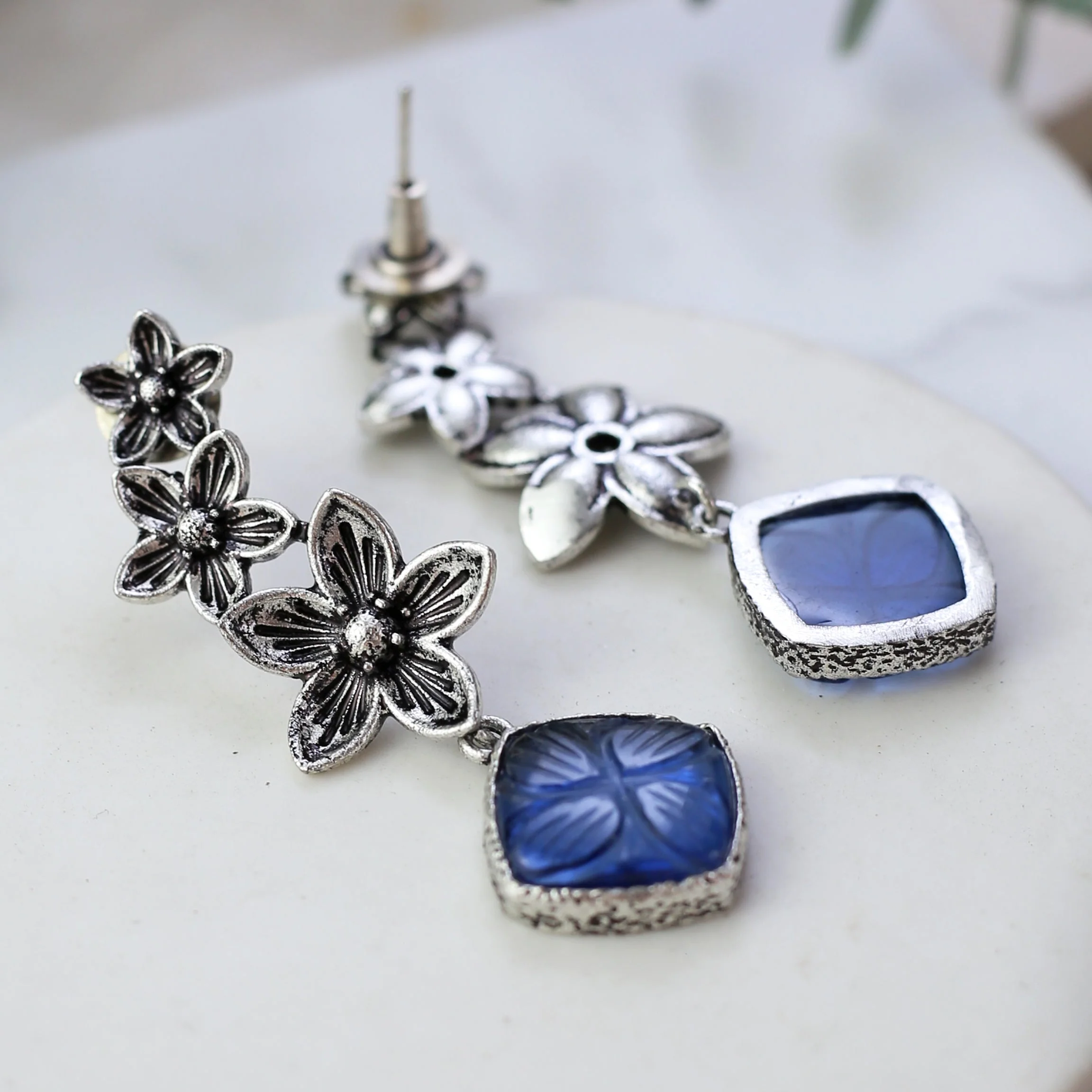 Blue Tribal Flower Drop Earring 3 Blue Tribal Flower Drop Earring