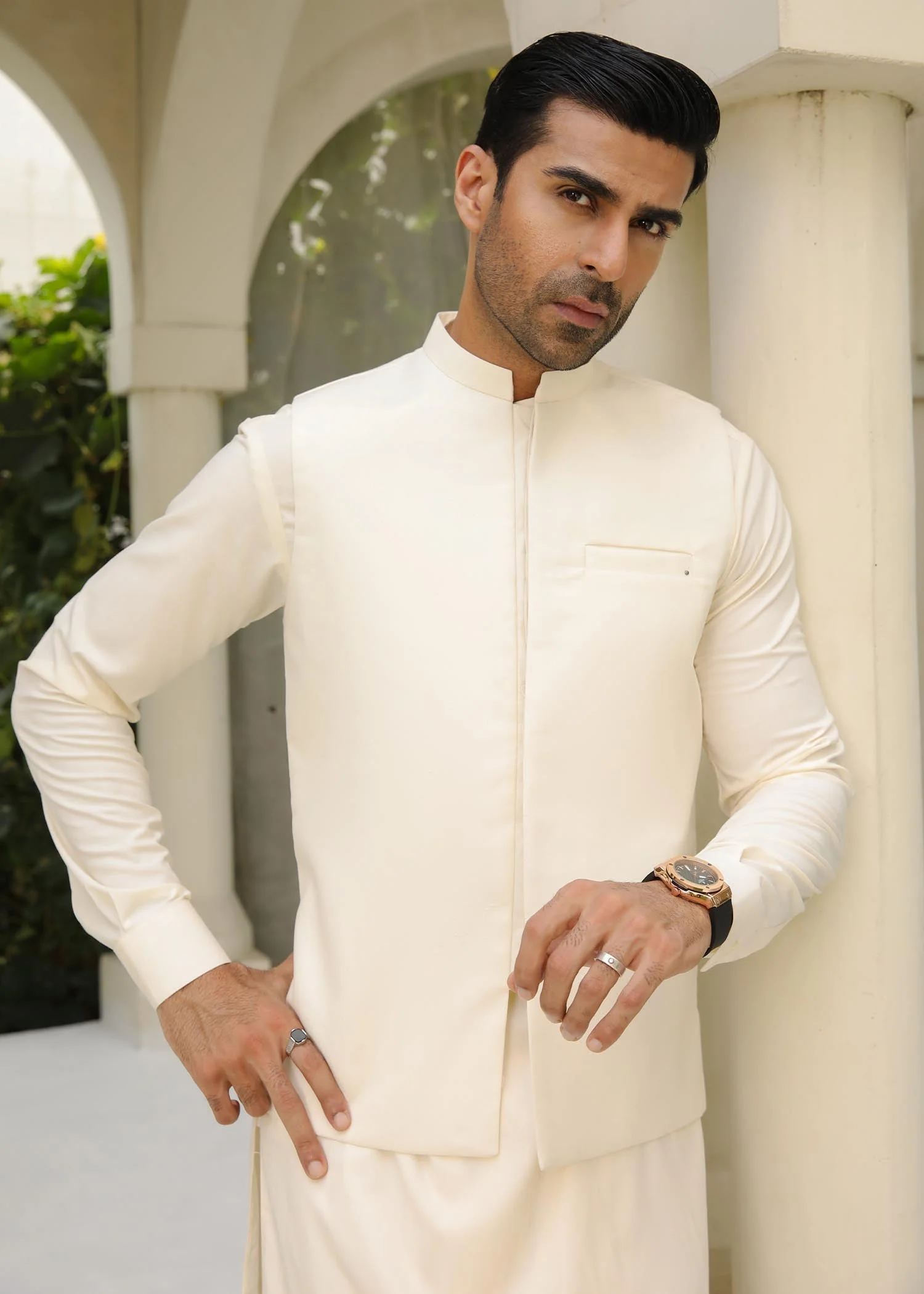 Bosky White Kameez Shalwar with Waistcoat - 3 Piece
