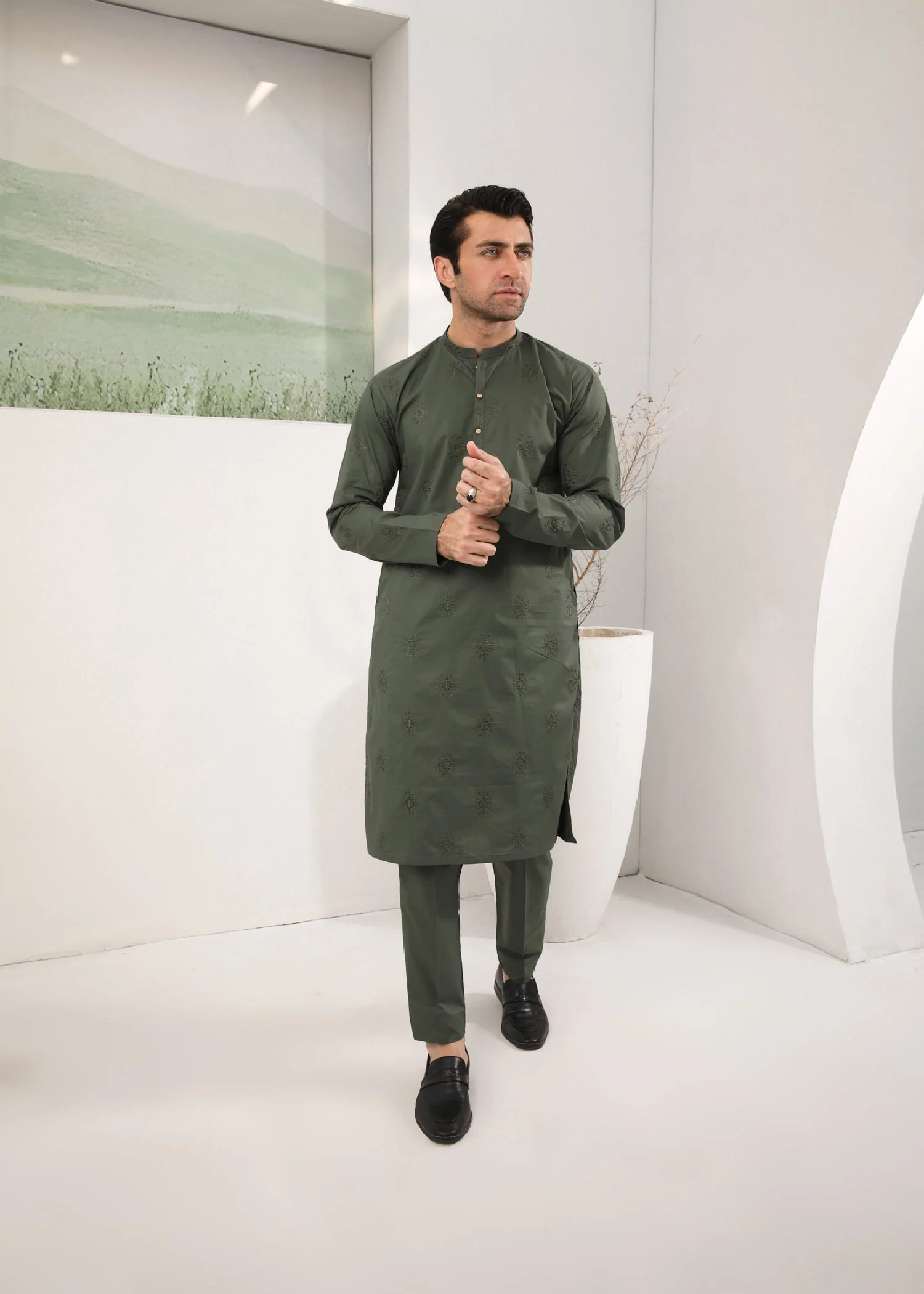 Army Green Embroidered Cotton Kurta Trouser - Men