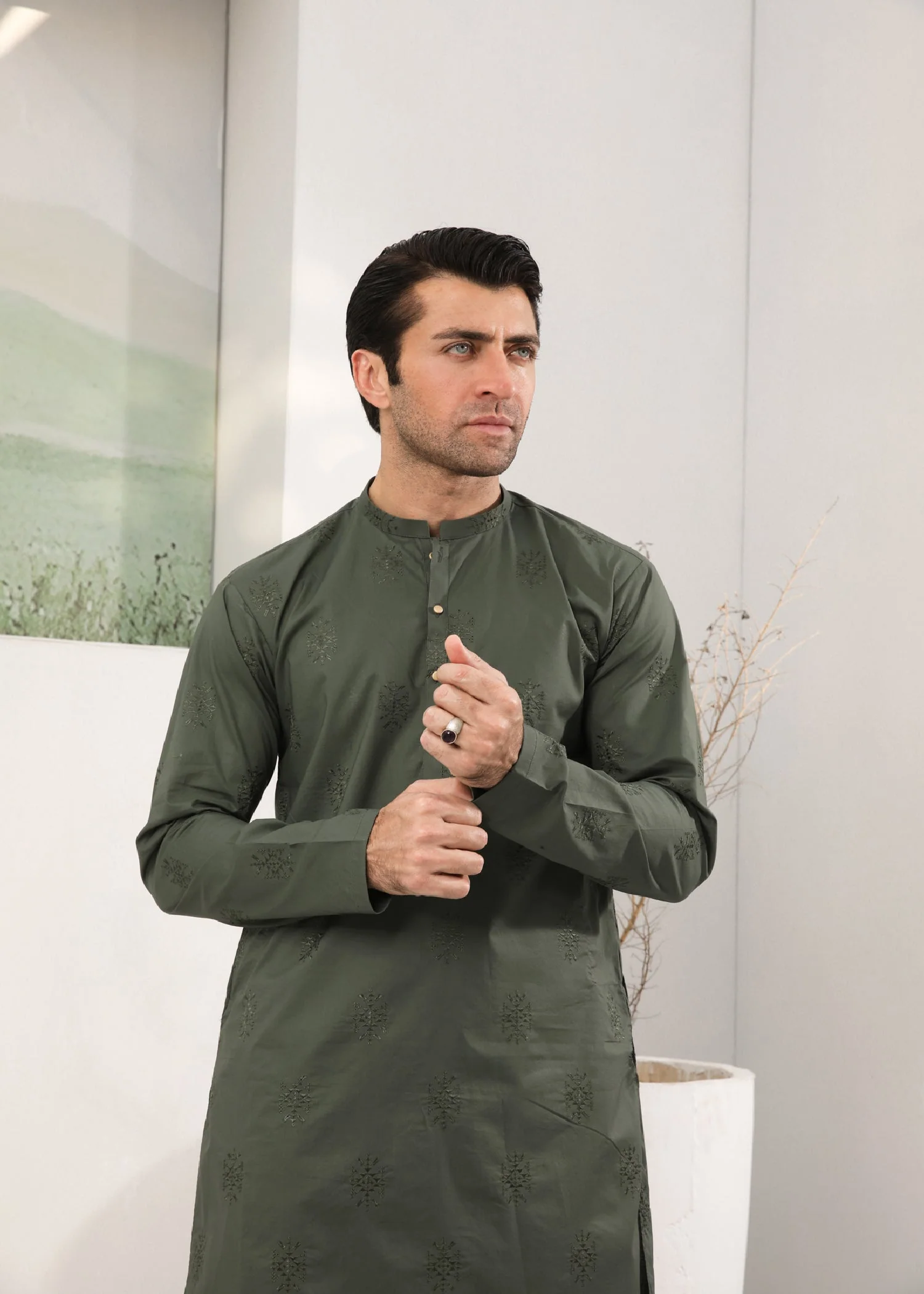 Army Green Embroidered Cotton Kurta Trouser - Men