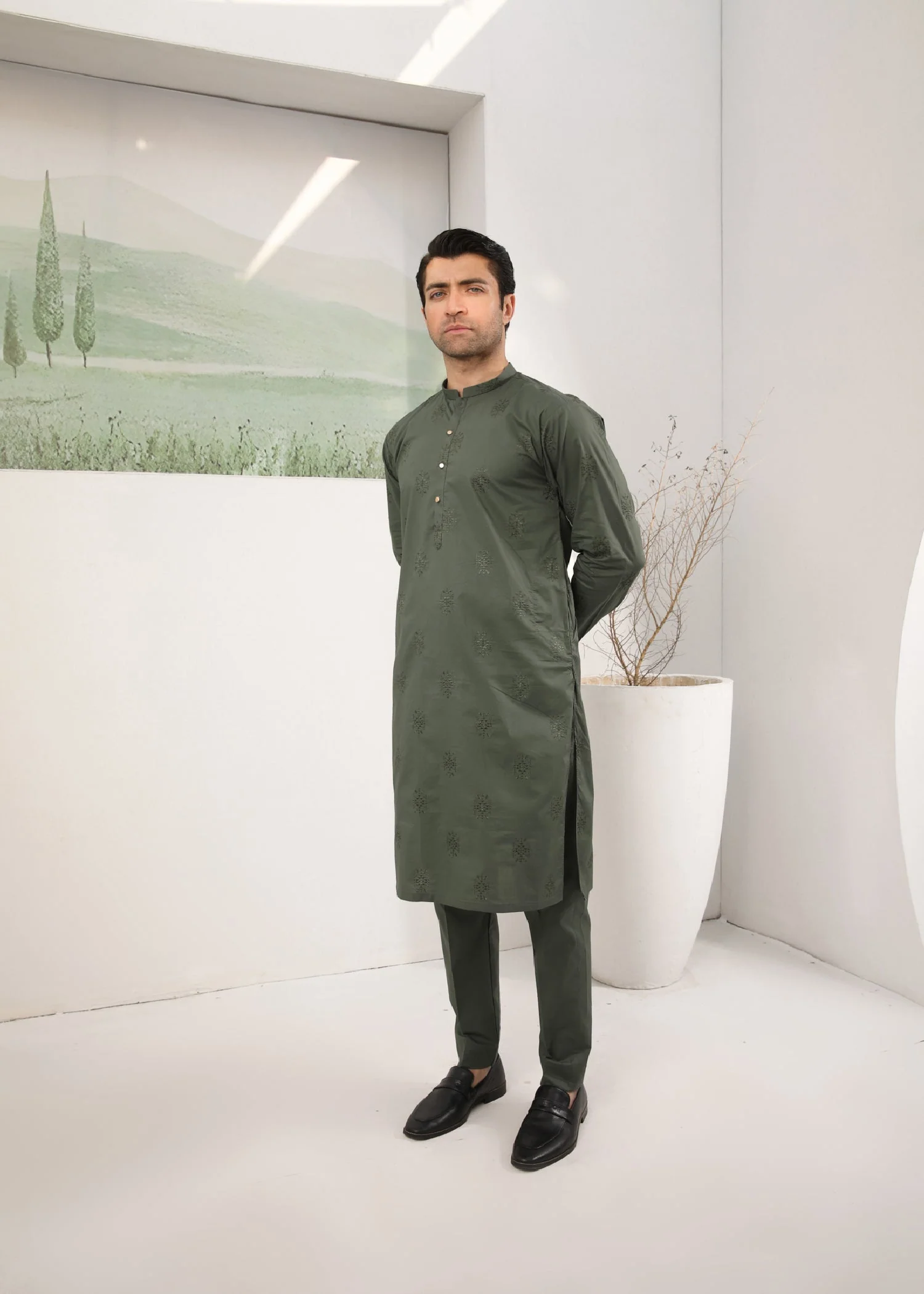 Army Green Embroidered Cotton Kurta Trouser - Men