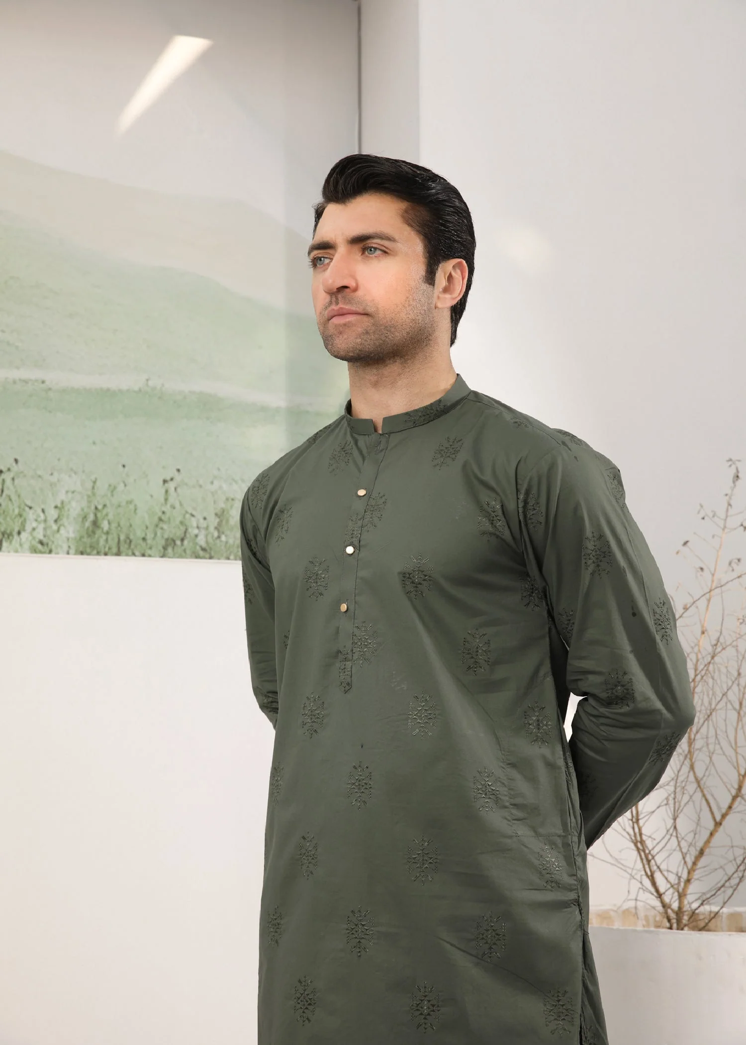 Army Green Embroidered Cotton Kurta Trouser - Men