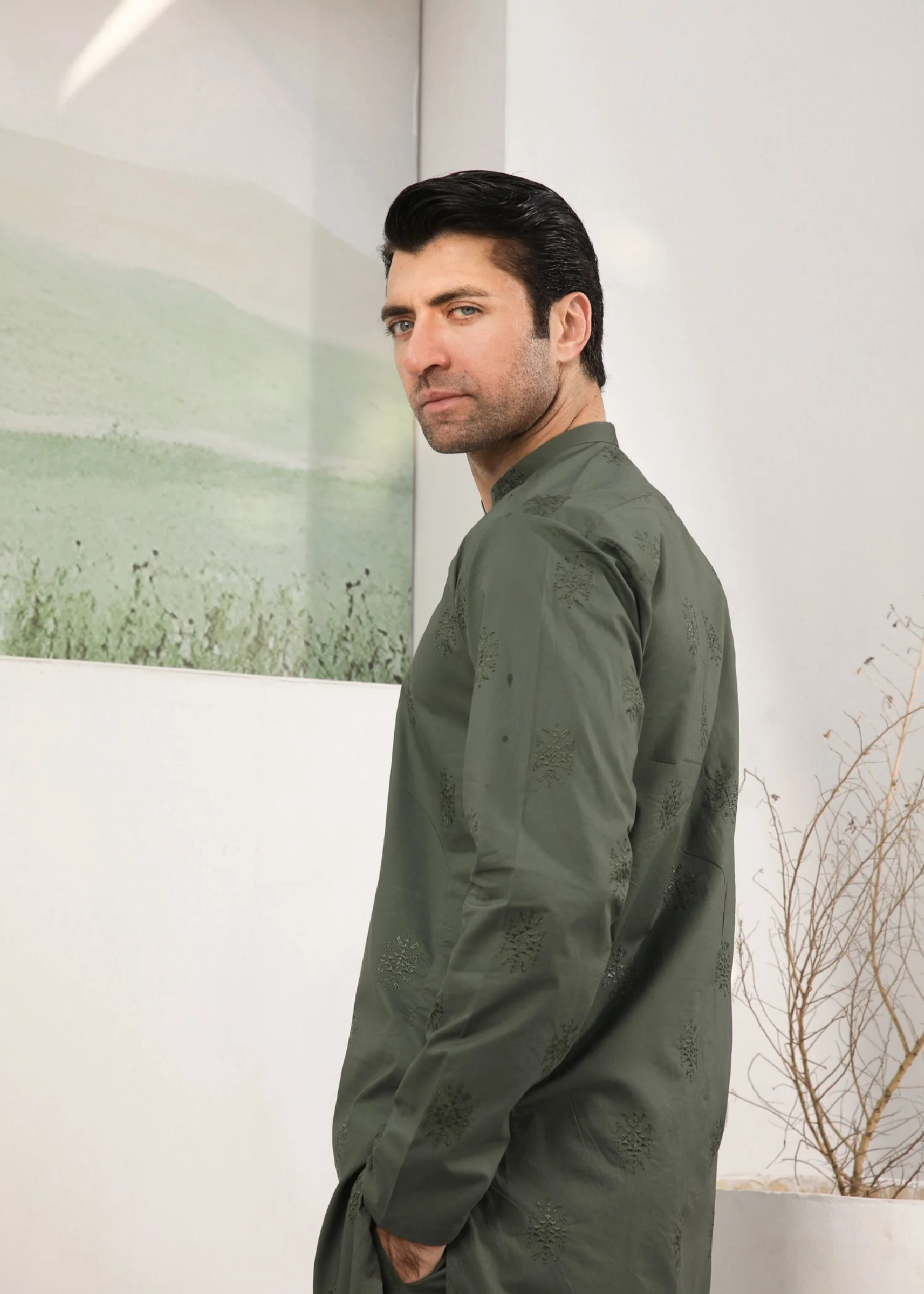 Army Green Embroidered Cotton Kurta Trouser - Men