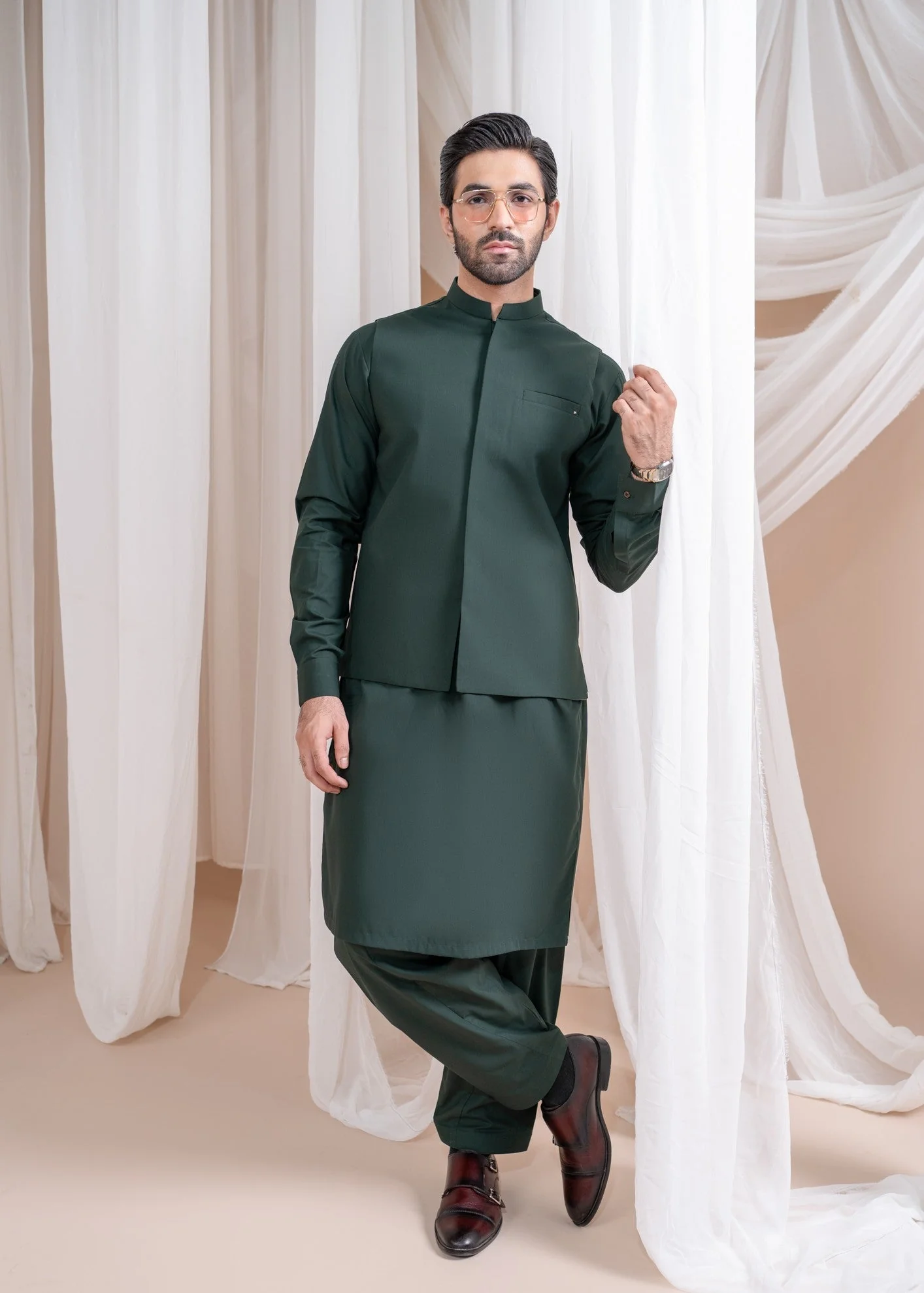 Bottle Green Luxury Formal Kameez Shalwar with Blended Waistcoat - 3PC
