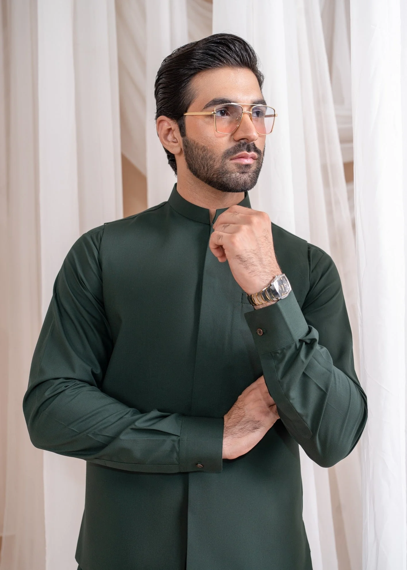 Bottle Green Luxury Formal Kameez Shalwar with Blended Waistcoat - 3PC