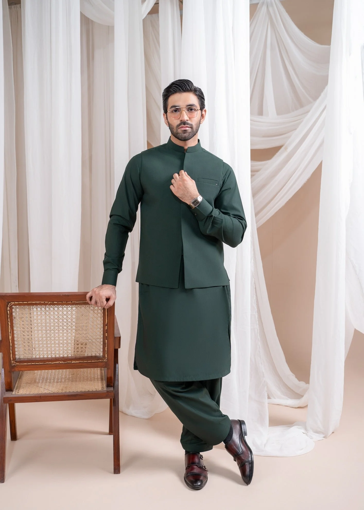 Bottle Green Luxury Formal Kameez Shalwar with Blended Waistcoat - 3PC