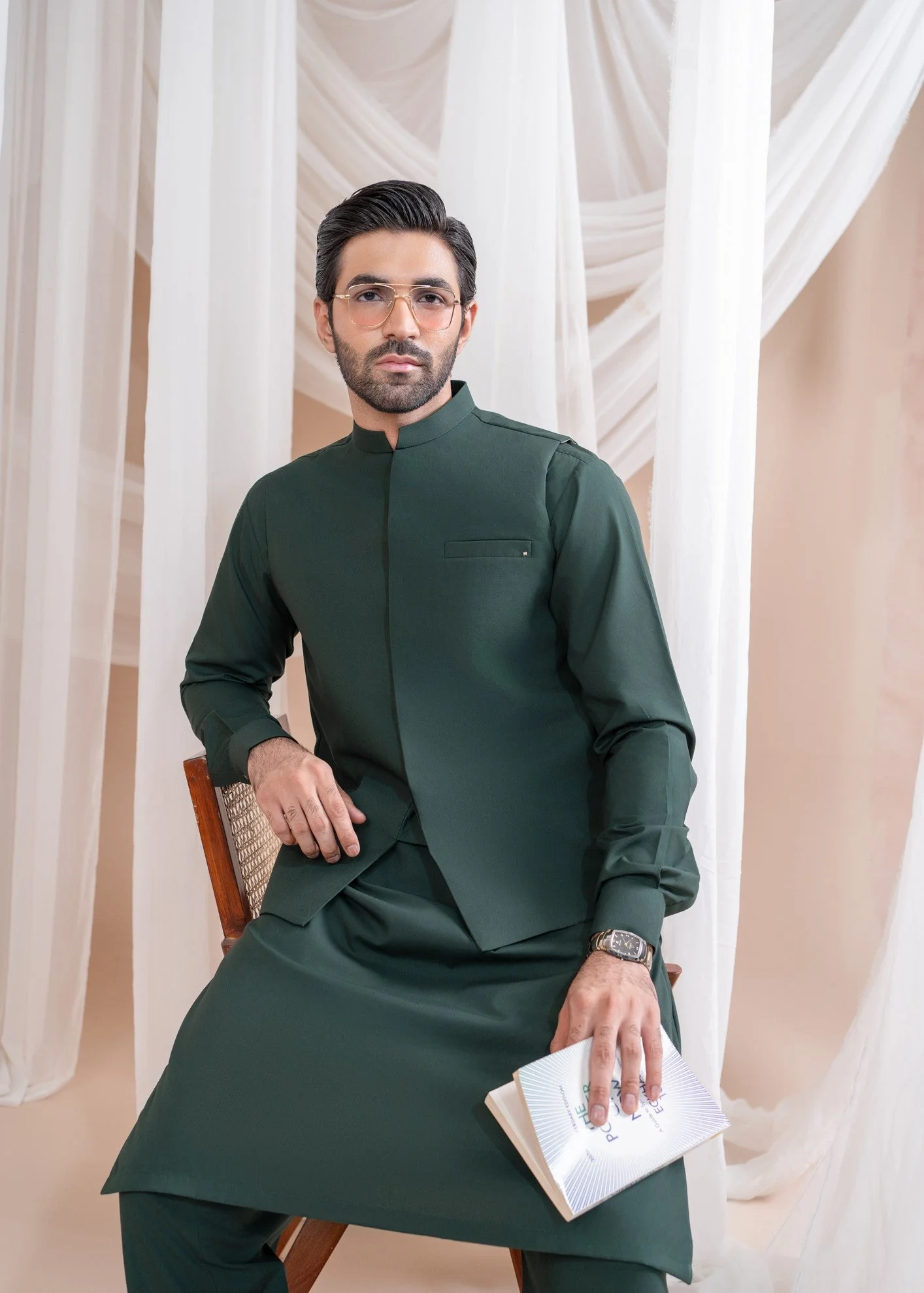 Bottle Green Luxury Formal Kameez Shalwar with Blended Waistcoat - 3PC