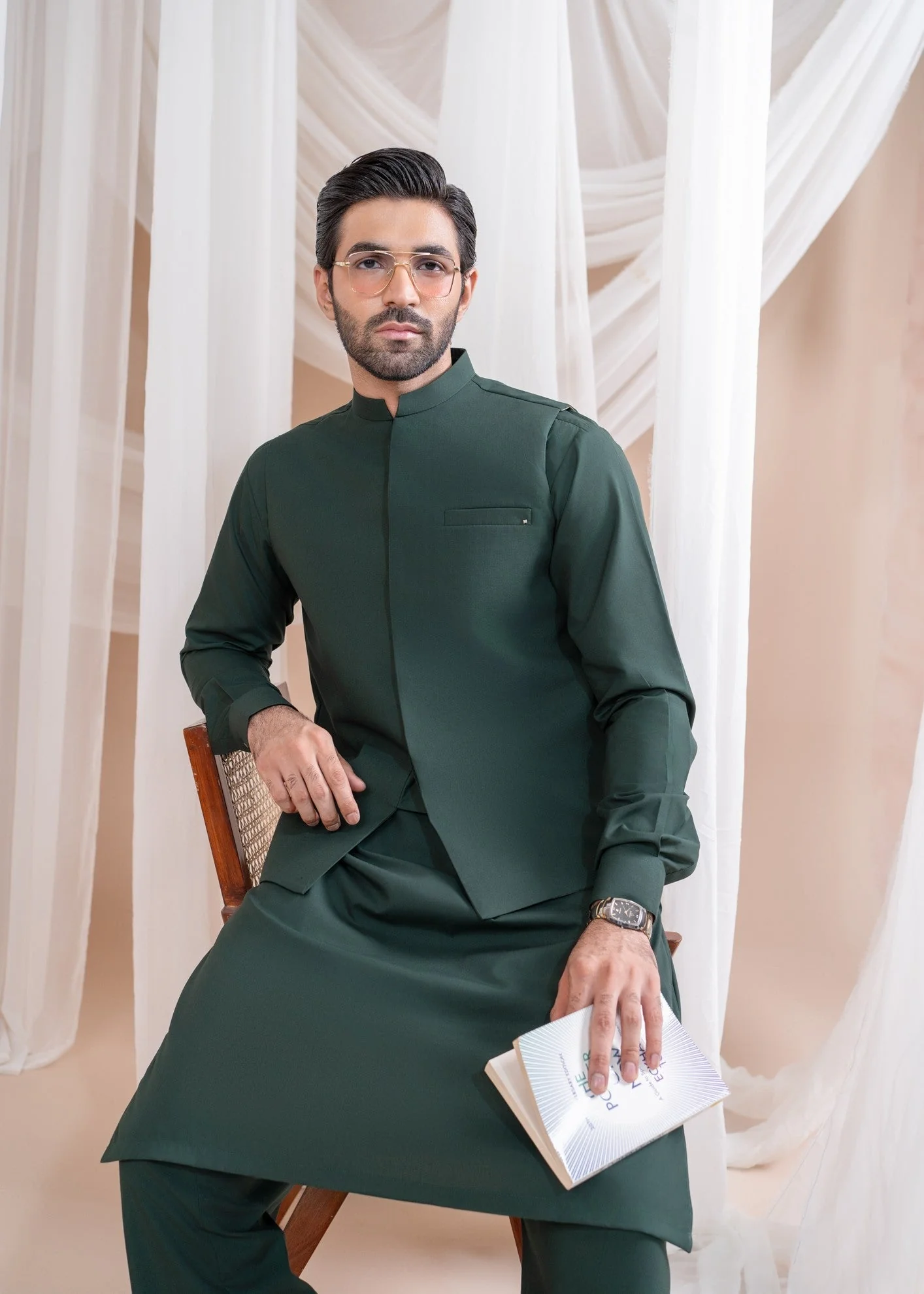 Bottle Green Luxury Formal Kameez Shalwar with Blended Waistcoat - 3PC