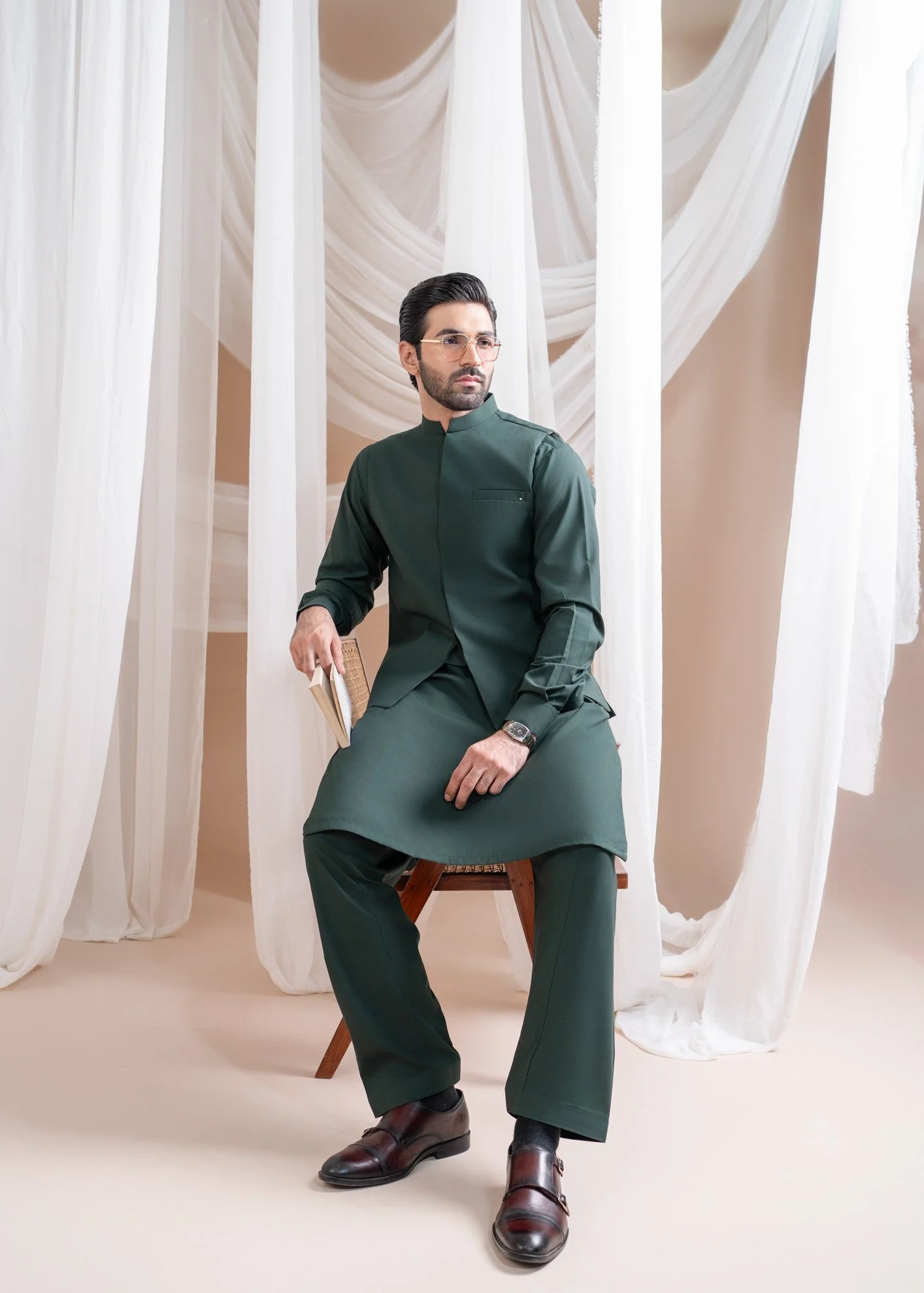 Bottle Green Luxury Formal Kameez Shalwar with Blended Waistcoat - 3PC