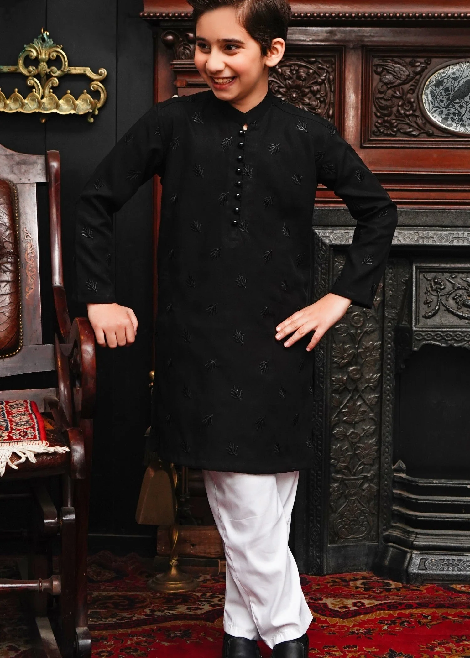 JET BLACK EMBROIDED KID'S KURTA