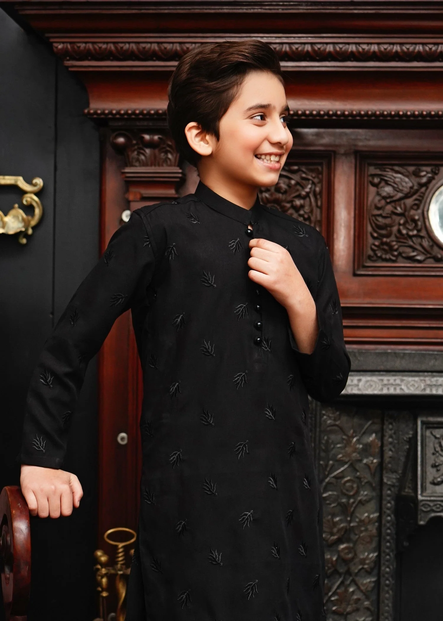 JET BLACK EMBROIDED KID'S KURTA