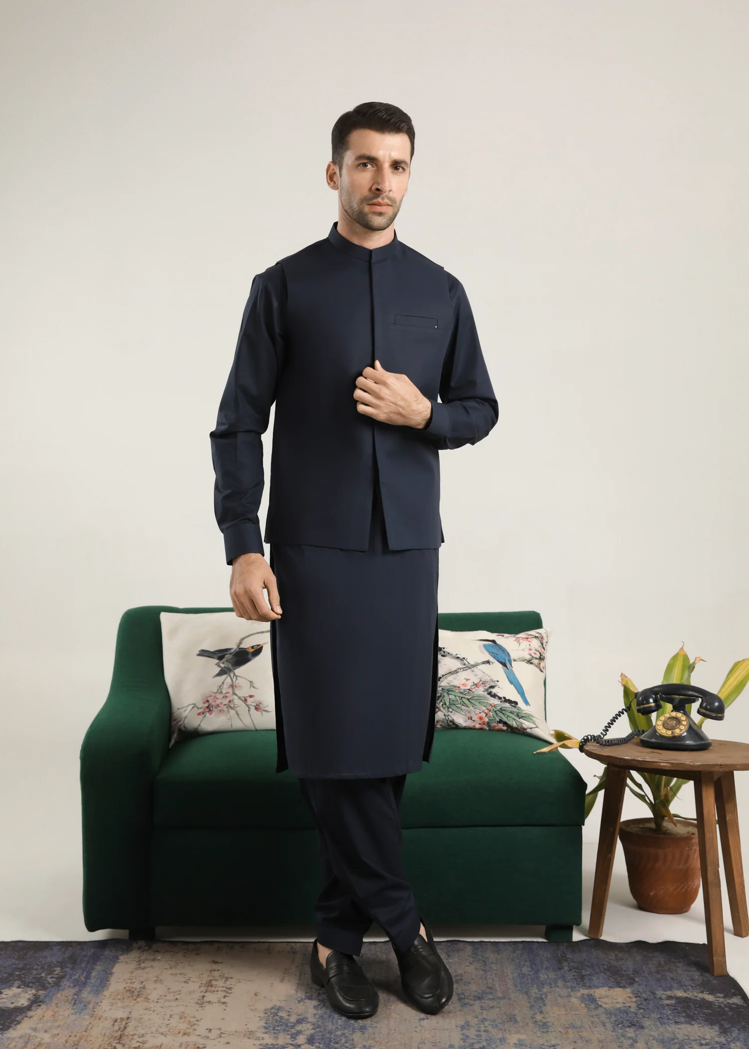 Dark Navy Blue Cotton Kurta Shalwar & Waistcoat - Men - 3 PC