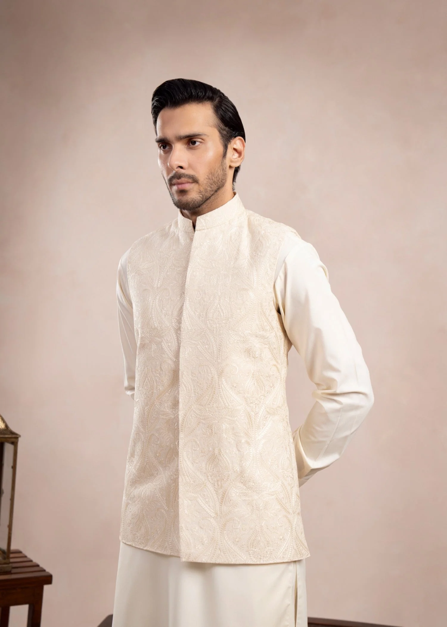 Bosky White Cross Stitched Embroidered Waistcoat - Men