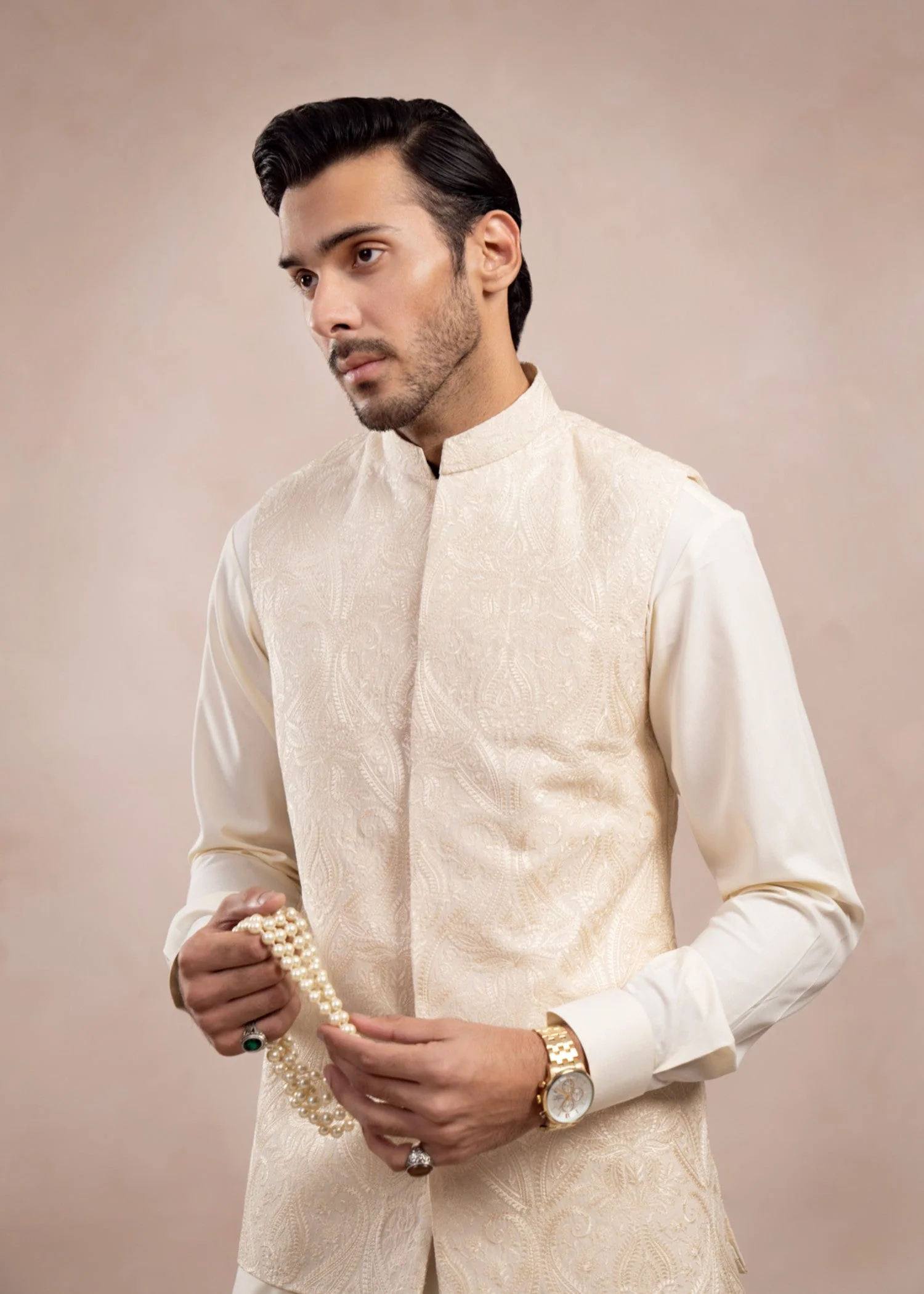 Bosky White Cross Stitched Embroidered Waistcoat - Men