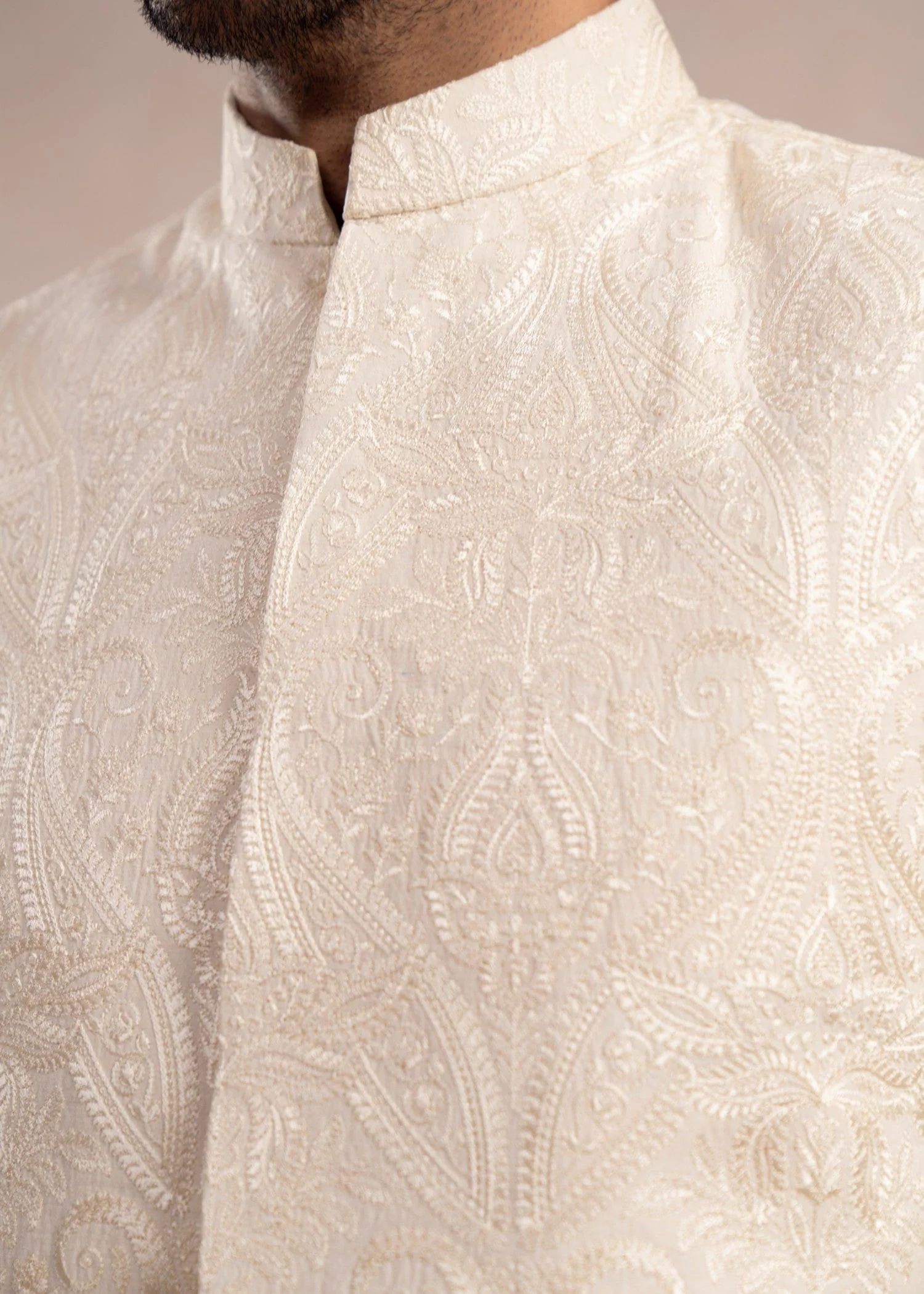 Bosky White Cross Stitched Embroidered Waistcoat - Men
