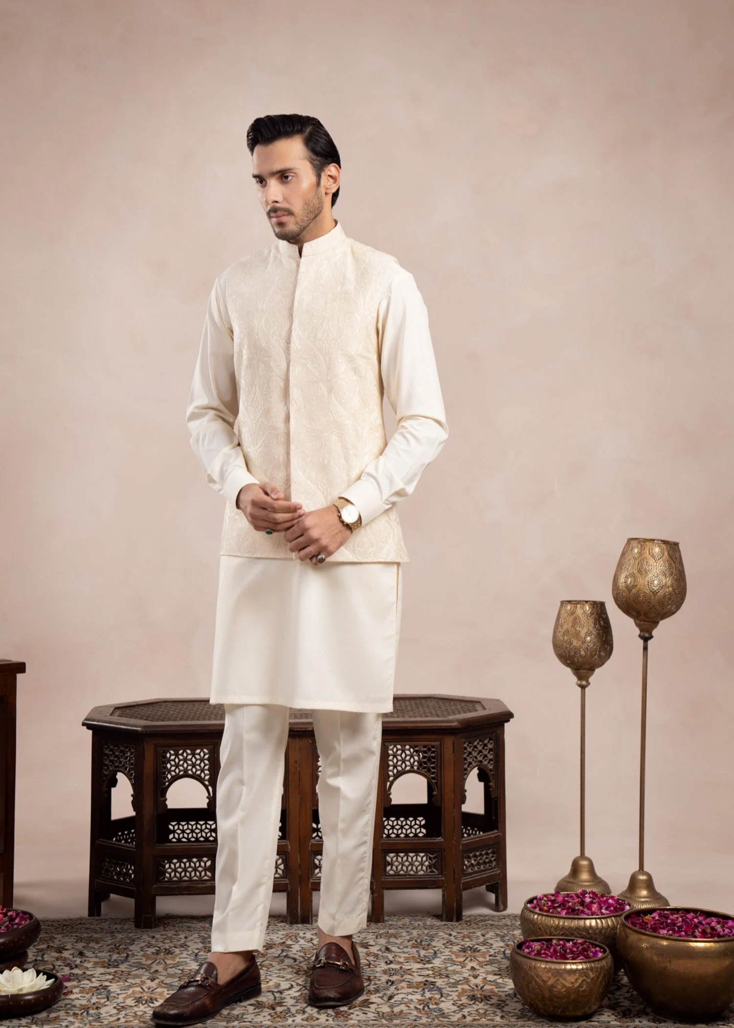 Bosky White Cross Stitched Embroidered Waistcoat - Men