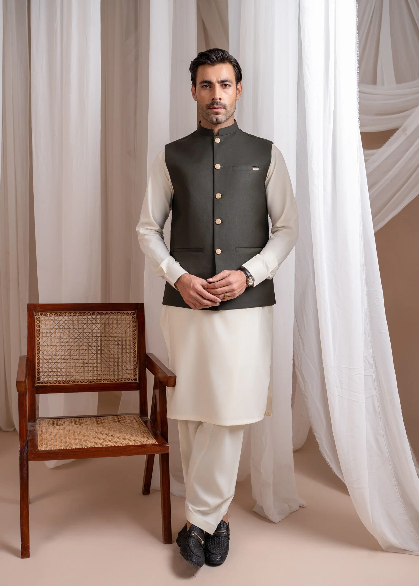 Bosky White Kurta Shalwar with Army Green Suiting Waistcoat - Straight Cut - 3PC
