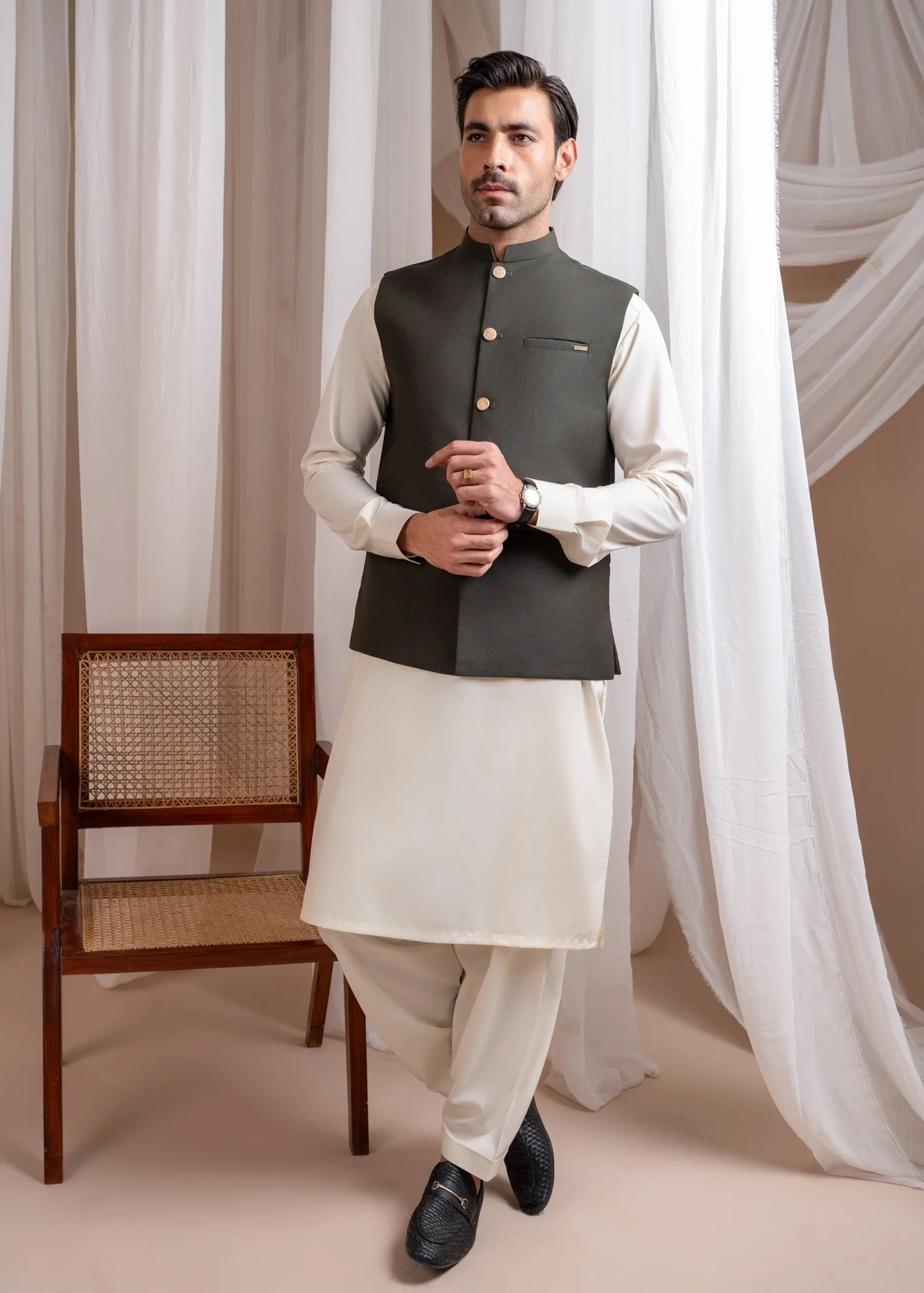 Bosky White Kurta Shalwar with Army Green Suiting Waistcoat - Straight Cut - 3PC