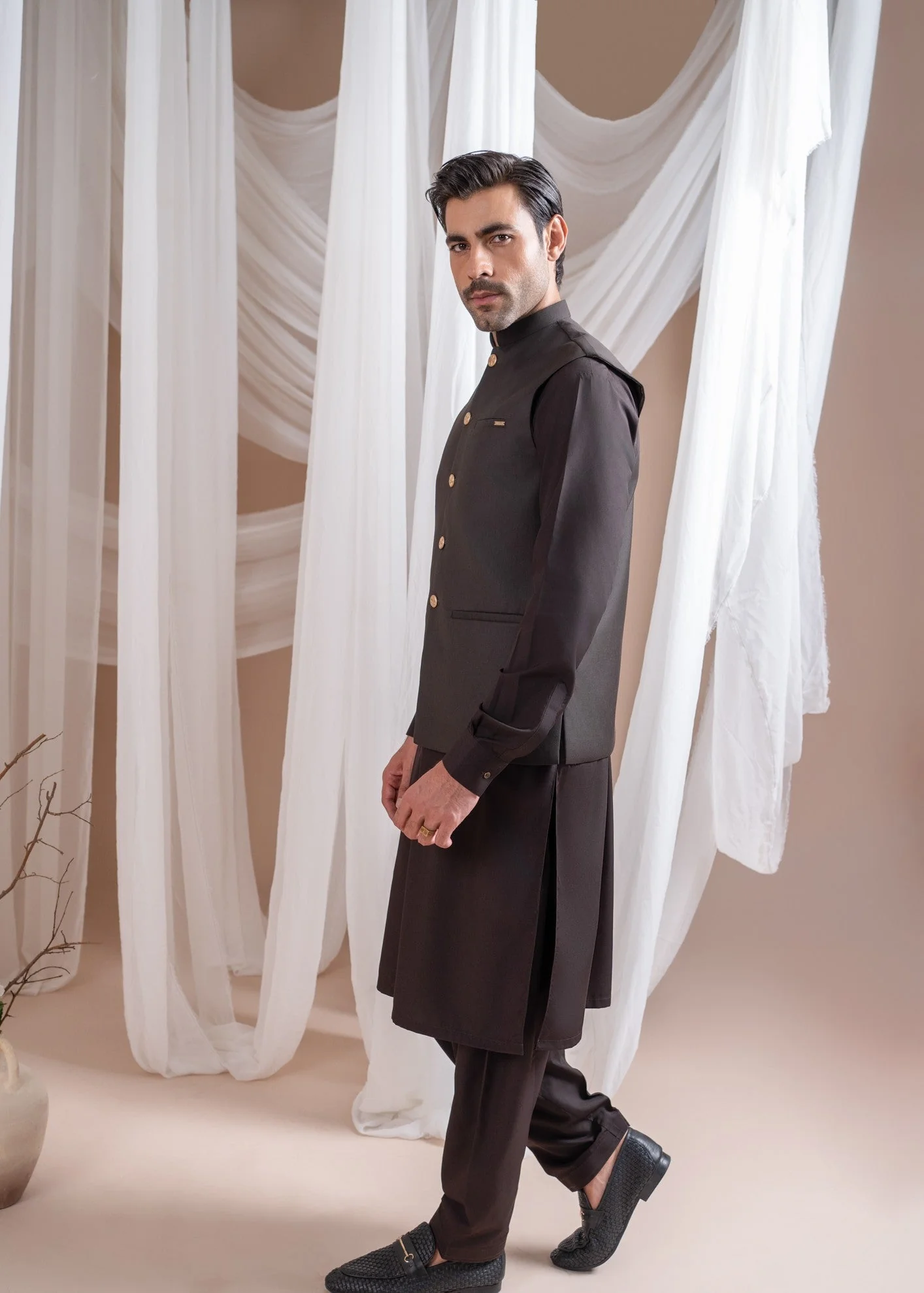 Dark Brown Kurta Shalwar with Suiting Waistcoat - Straight Cut - 3PC