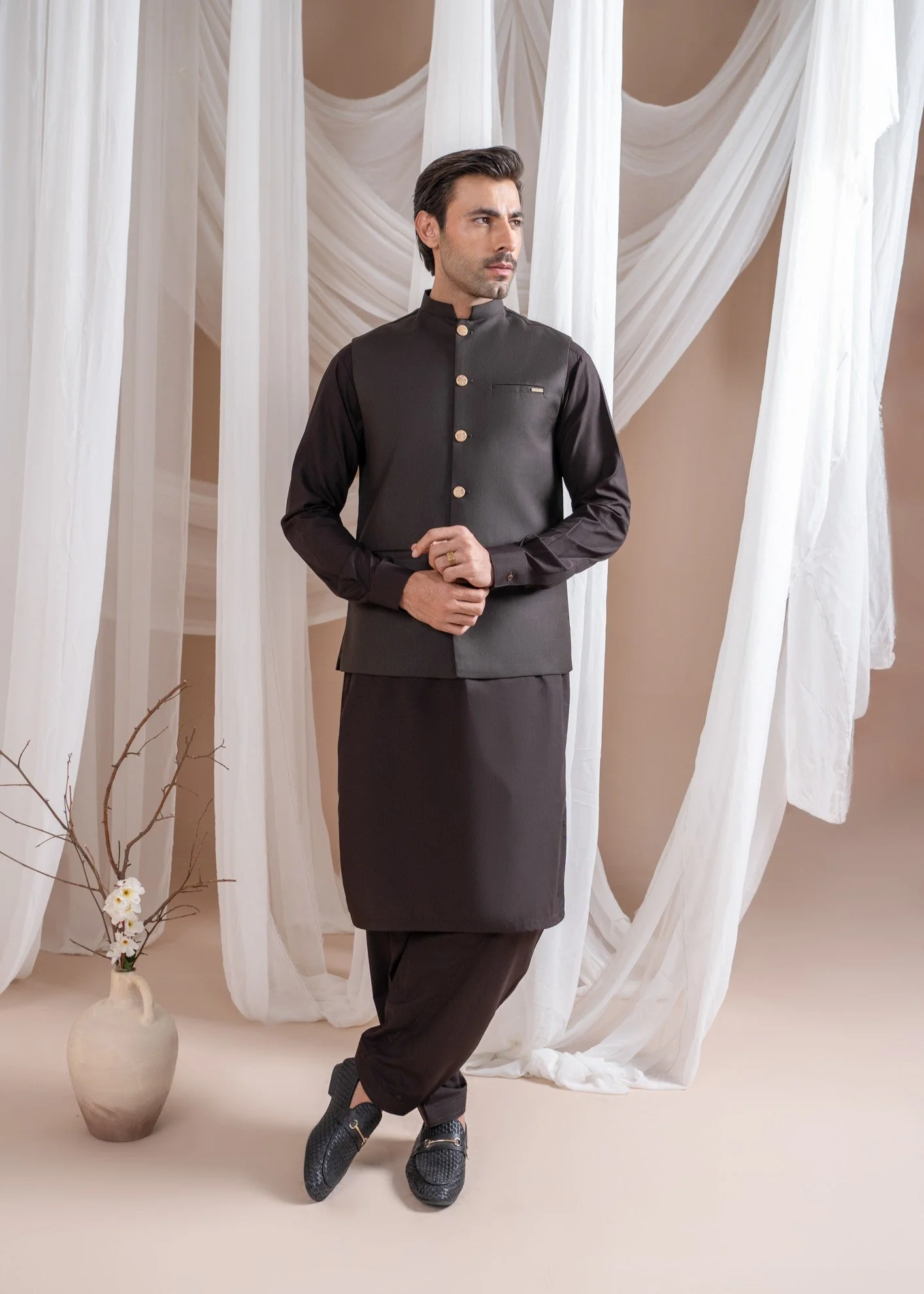 Dark Brown Kurta Shalwar with Suiting Waistcoat - Straight Cut - 3PC