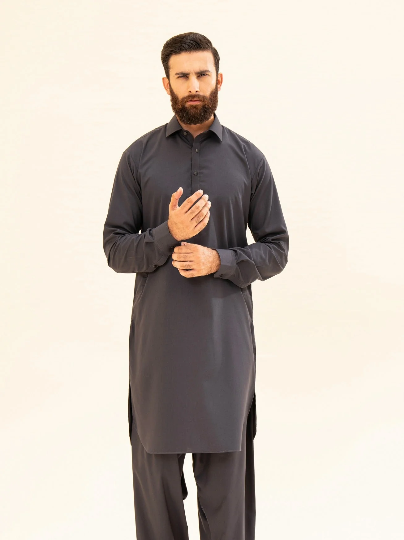 Charcoal Grey French Collar Kameez Shalwar - Men