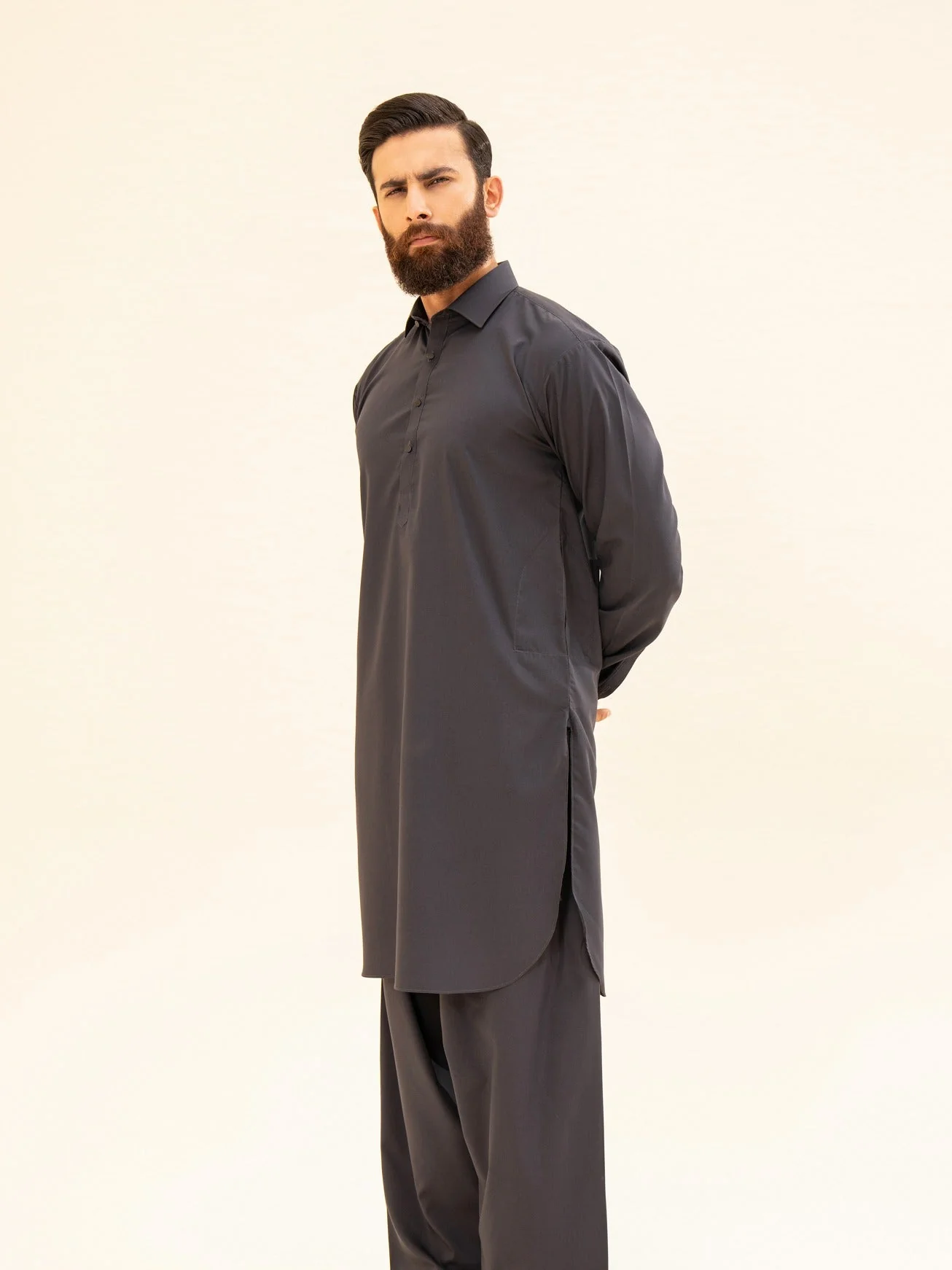 Charcoal Grey French Collar Kameez Shalwar - Men