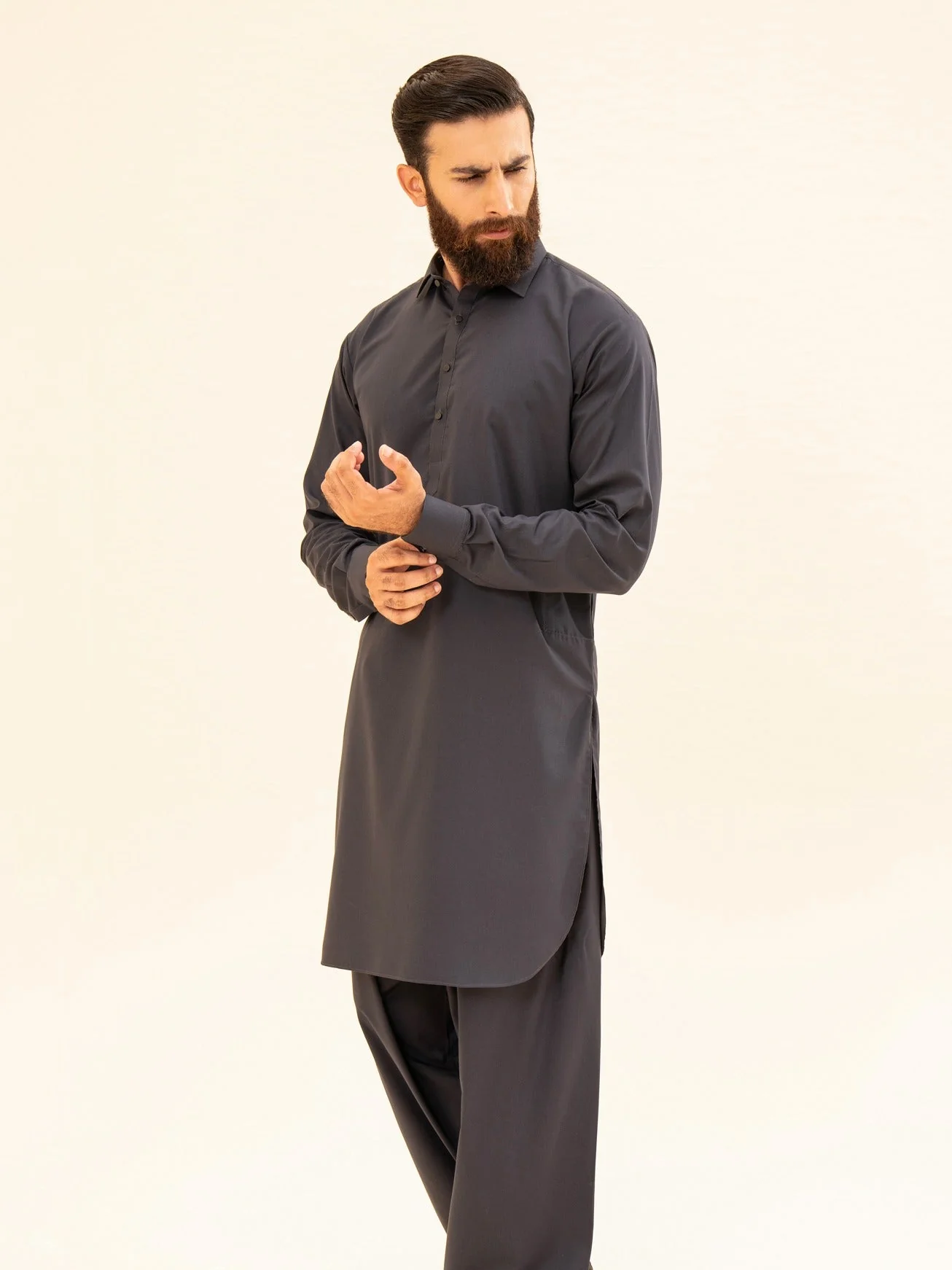 Charcoal Grey French Collar Kameez Shalwar - Men 3 Charcoal Grey French Collar Kameez Shalwar - Men
