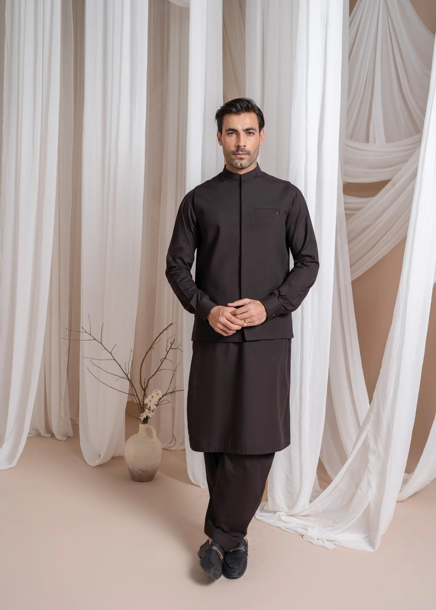 Dark Brown Kameez Shalwar with Blended Waistcoat - 3PC