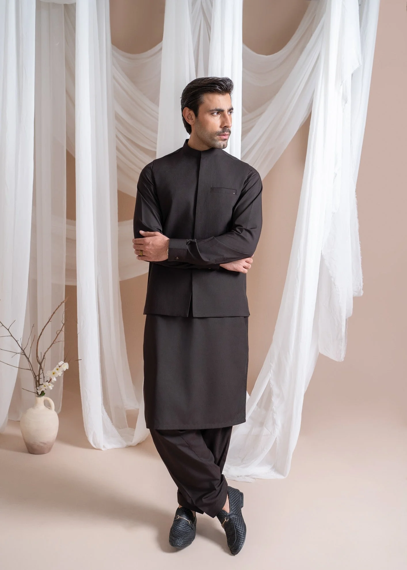 Dark Brown Kameez Shalwar with Blended Waistcoat - 3PC