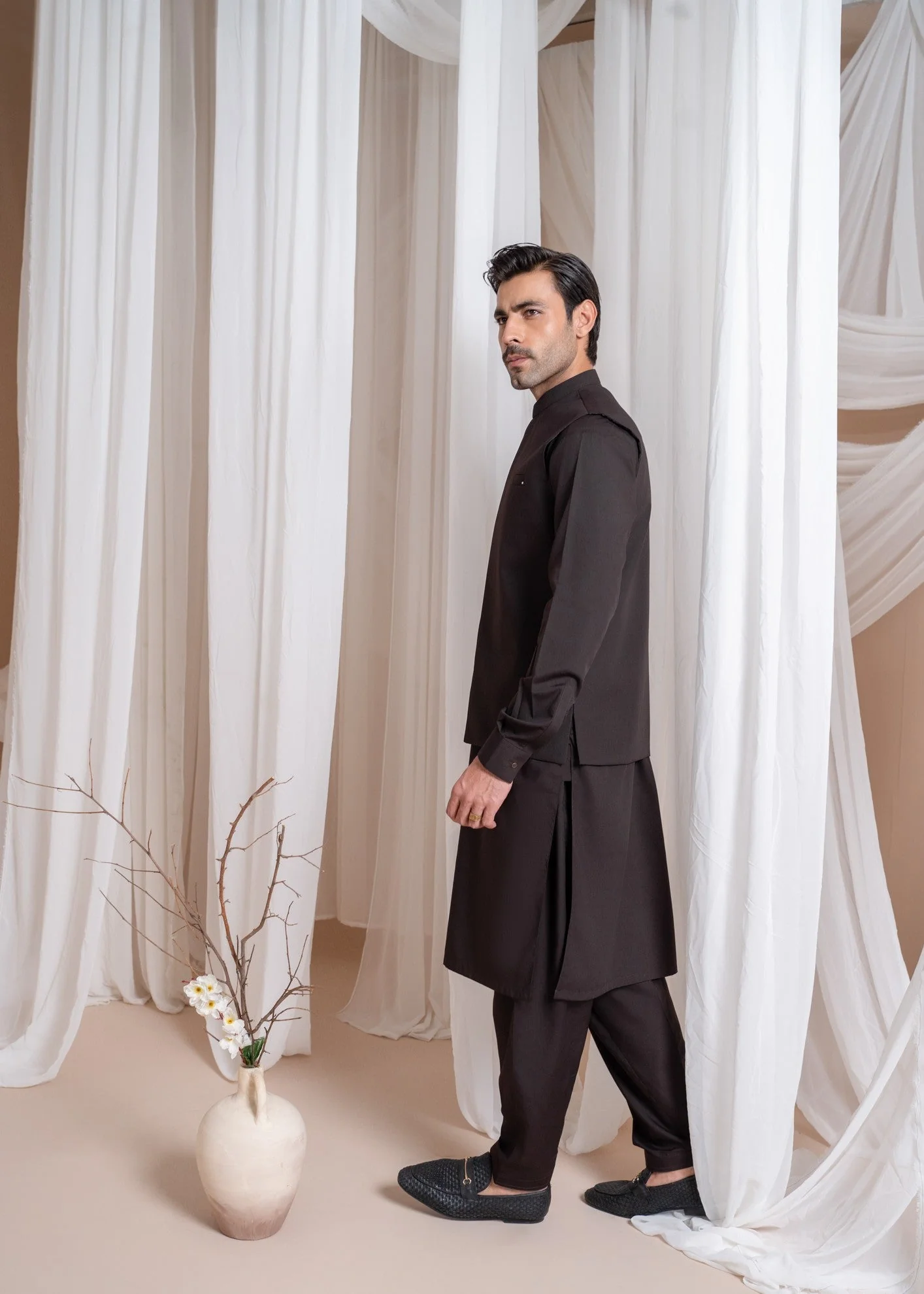 Dark Brown Kameez Shalwar with Blended Waistcoat - 3PC