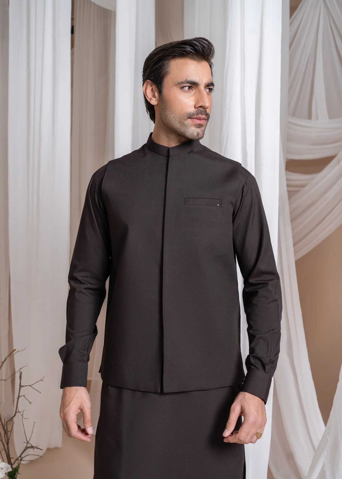 Dark Brown Kameez Shalwar with Blended Waistcoat - 3PC