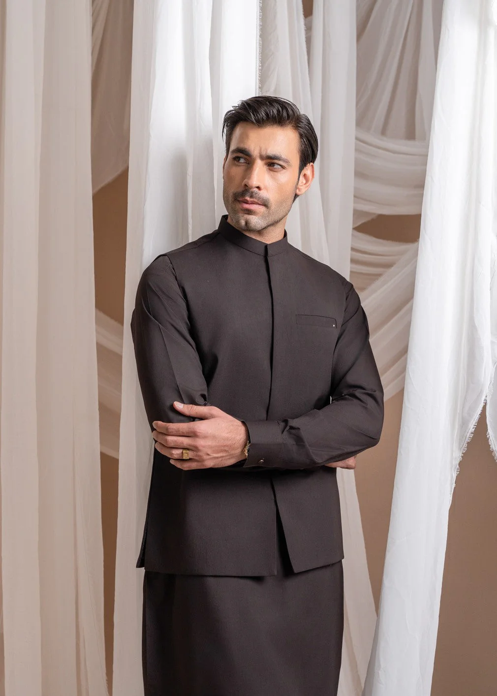 Dark Brown Kameez Shalwar with Blended Waistcoat - 3PC