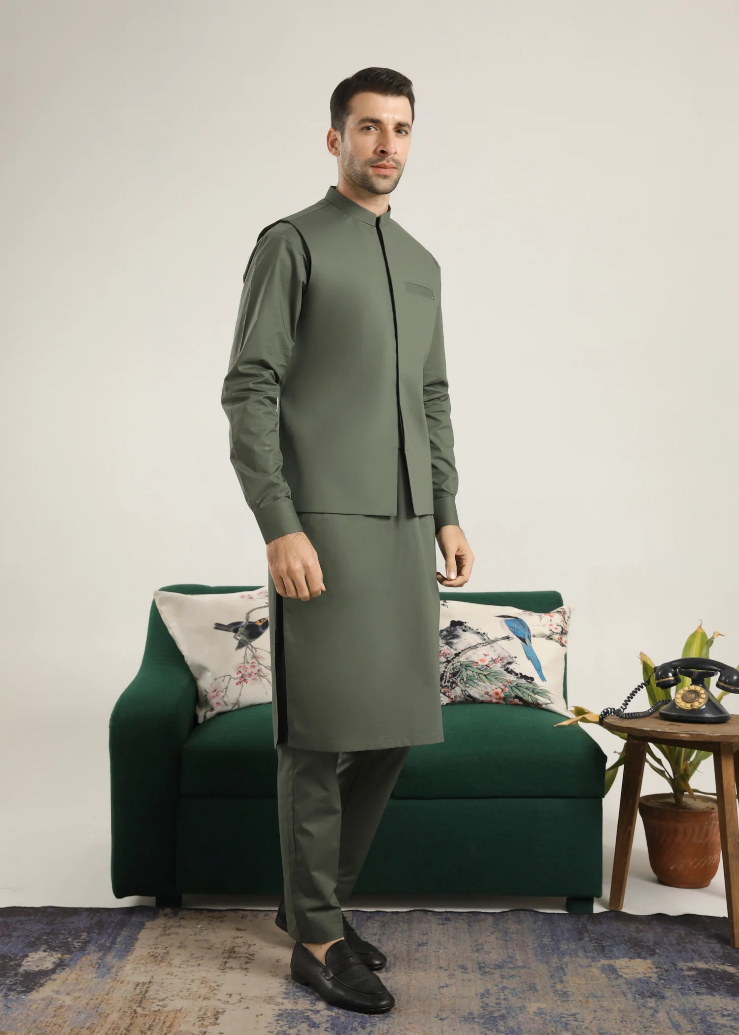 Army Green Cotton Kurta Trouser & Waistcoat - Men - 3PC