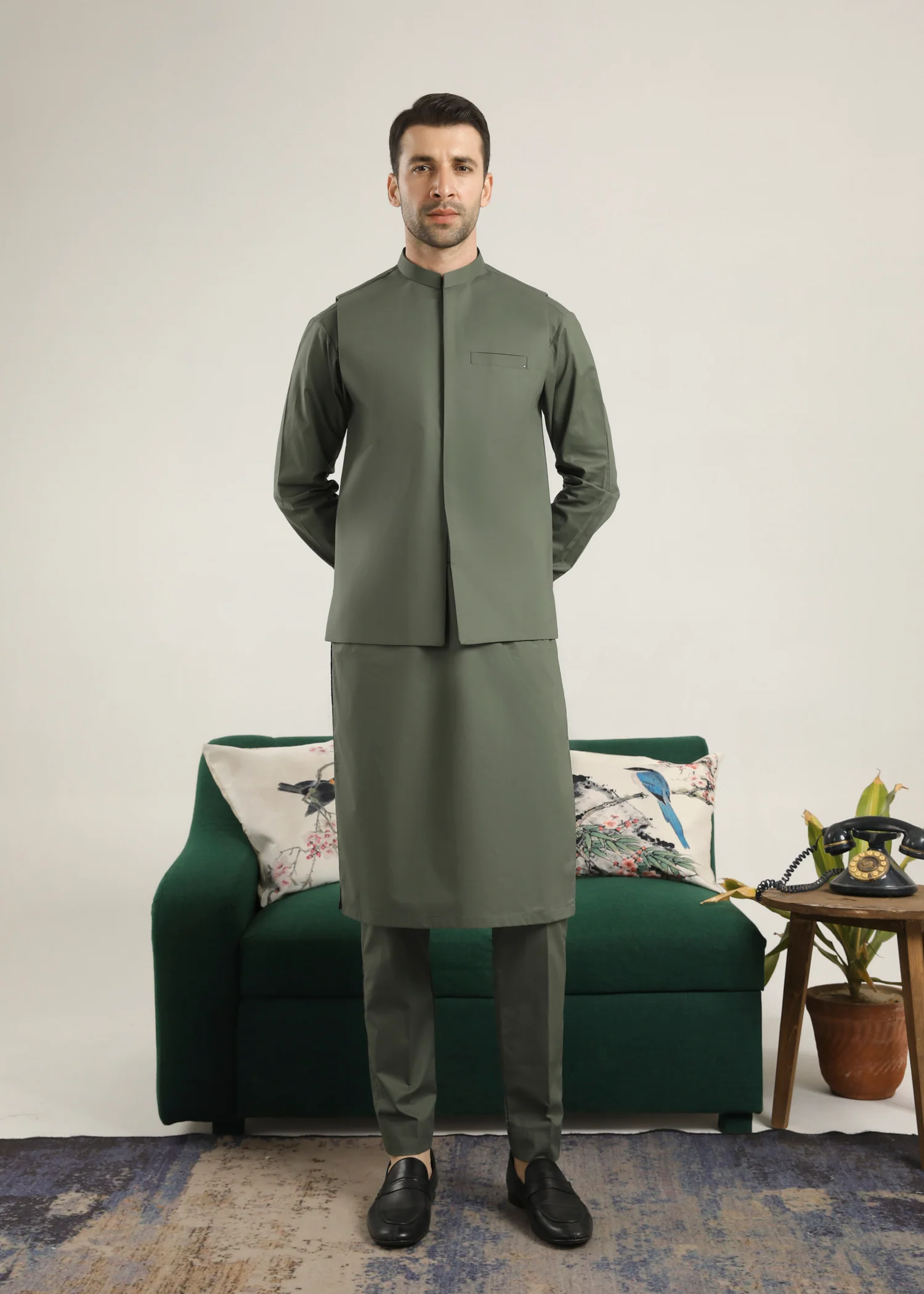 Army Green Cotton Kurta Trouser & Waistcoat - Men - 3PC