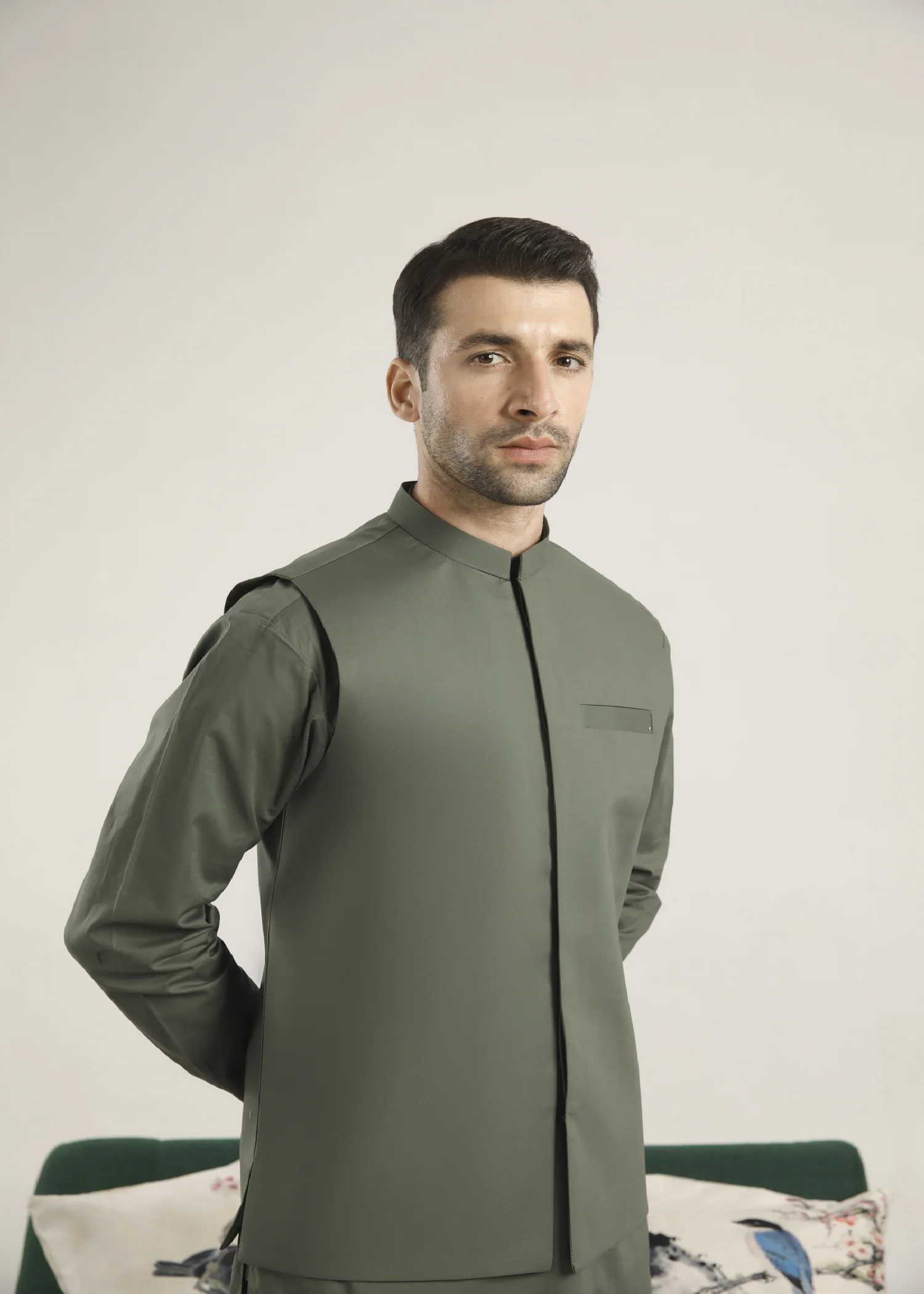 Army Green Cotton Kurta Trouser & Waistcoat - Men - 3PC