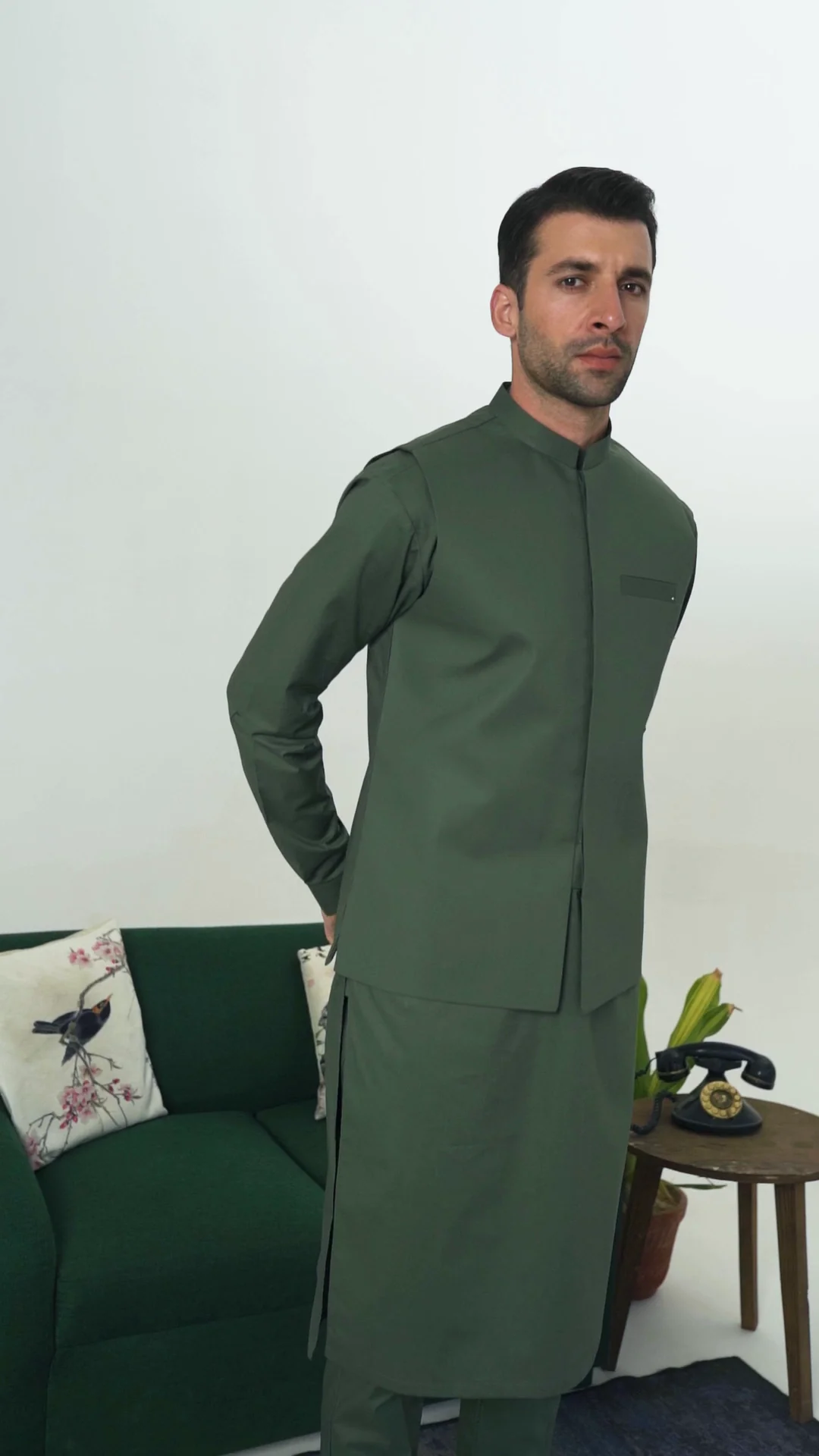 Army Green Cotton Kurta Trouser & Waistcoat - Men - 3PC