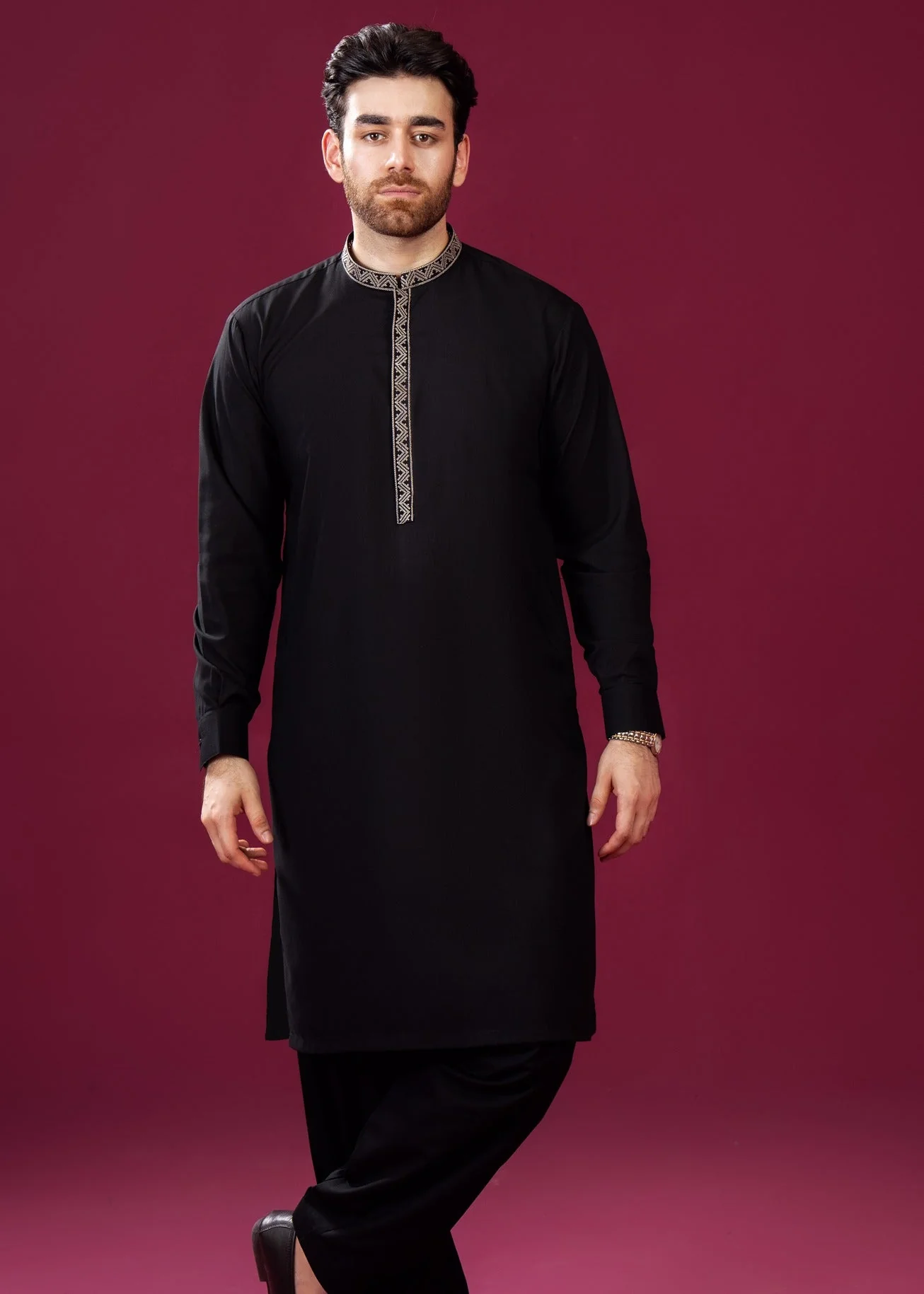 Formal Black Kurta Shalwar - Pattern Collar Neck Embroidered - Men