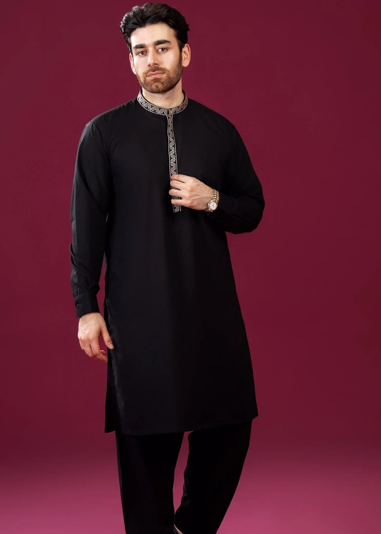Formal Black Kurta Shalwar - Pattern Collar Neck Embroidered - Men
