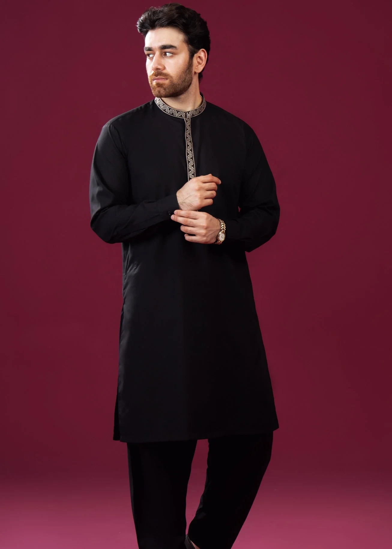 Formal Black Kurta Shalwar - Pattern Collar Neck Embroidered - Men 3 Formal Black Kurta Shalwar - Pattern Collar Neck Embroidered - Men