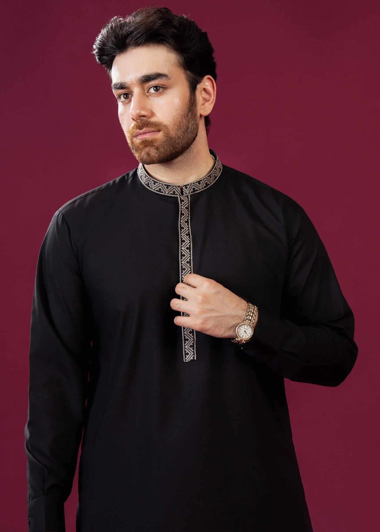 Formal Black Kurta Shalwar - Pattern Collar Neck Embroidered - Men 4 Formal Black Kurta Shalwar - Pattern Collar Neck Embroidered - Men