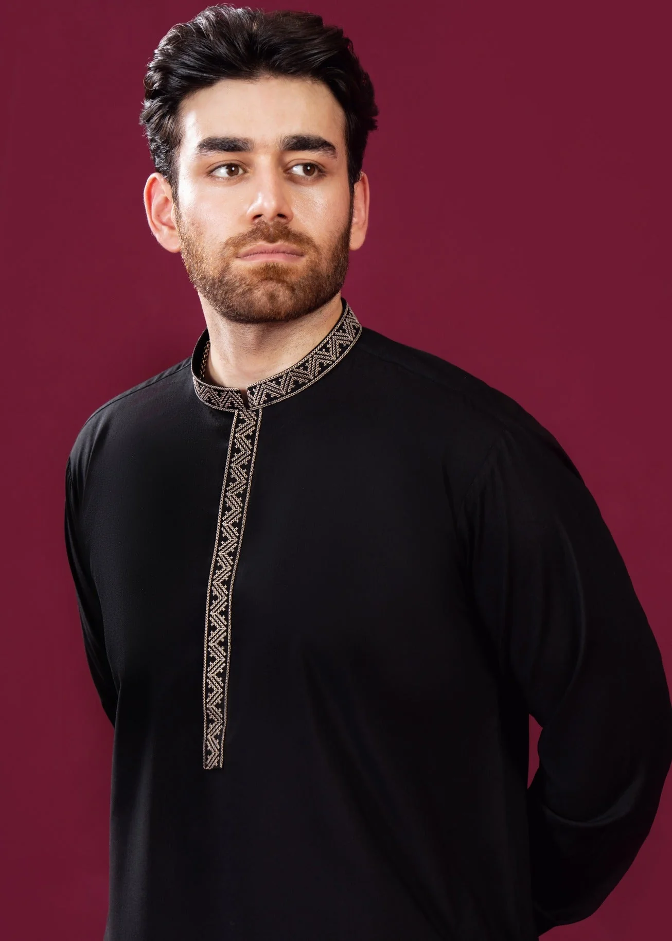 Formal Black Kurta Shalwar - Pattern Collar Neck Embroidered - Men 5 Formal Black Kurta Shalwar - Pattern Collar Neck Embroidered - Men