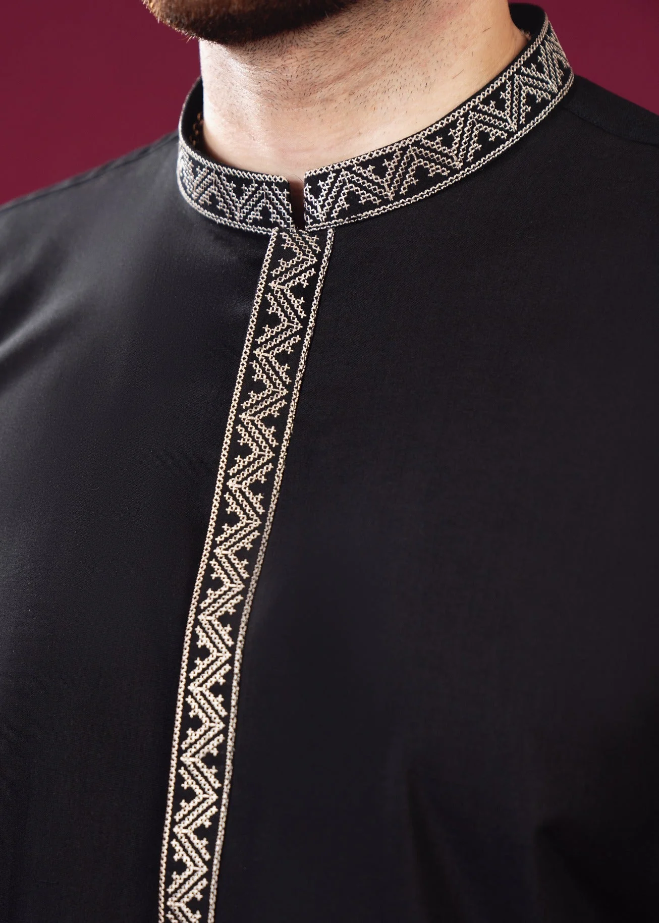 Formal Black Kurta Shalwar - Pattern Collar Neck Embroidered - Men 6 Formal Black Kurta Shalwar - Pattern Collar Neck Embroidered - Men