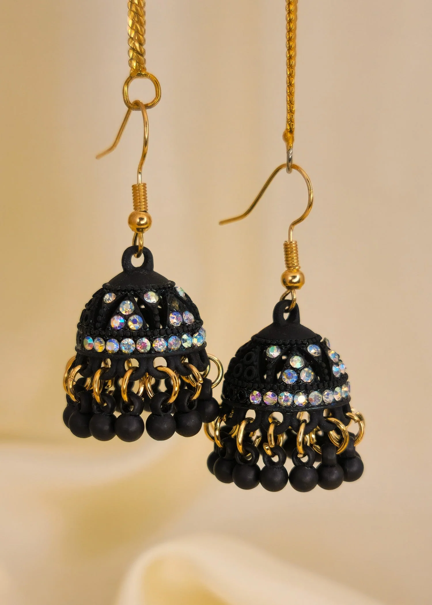 black with silver stones matte Jhumka Earrings